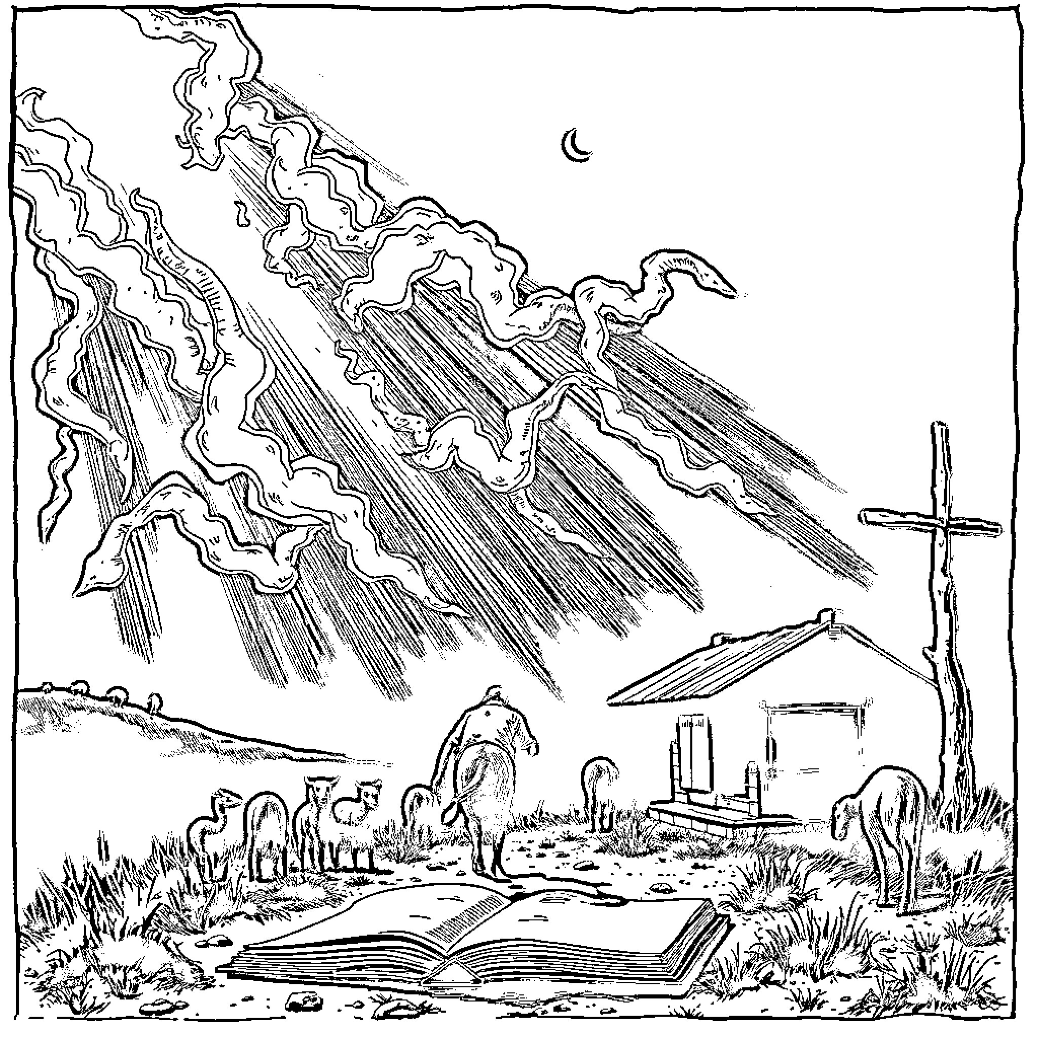 Hero Faces Cosmic Storm in Desolate Landscape Coloring Page (free black-and-white line drawing printable PDF for all, from beginners to advanced learners, including children, teens, adults, and seniors)