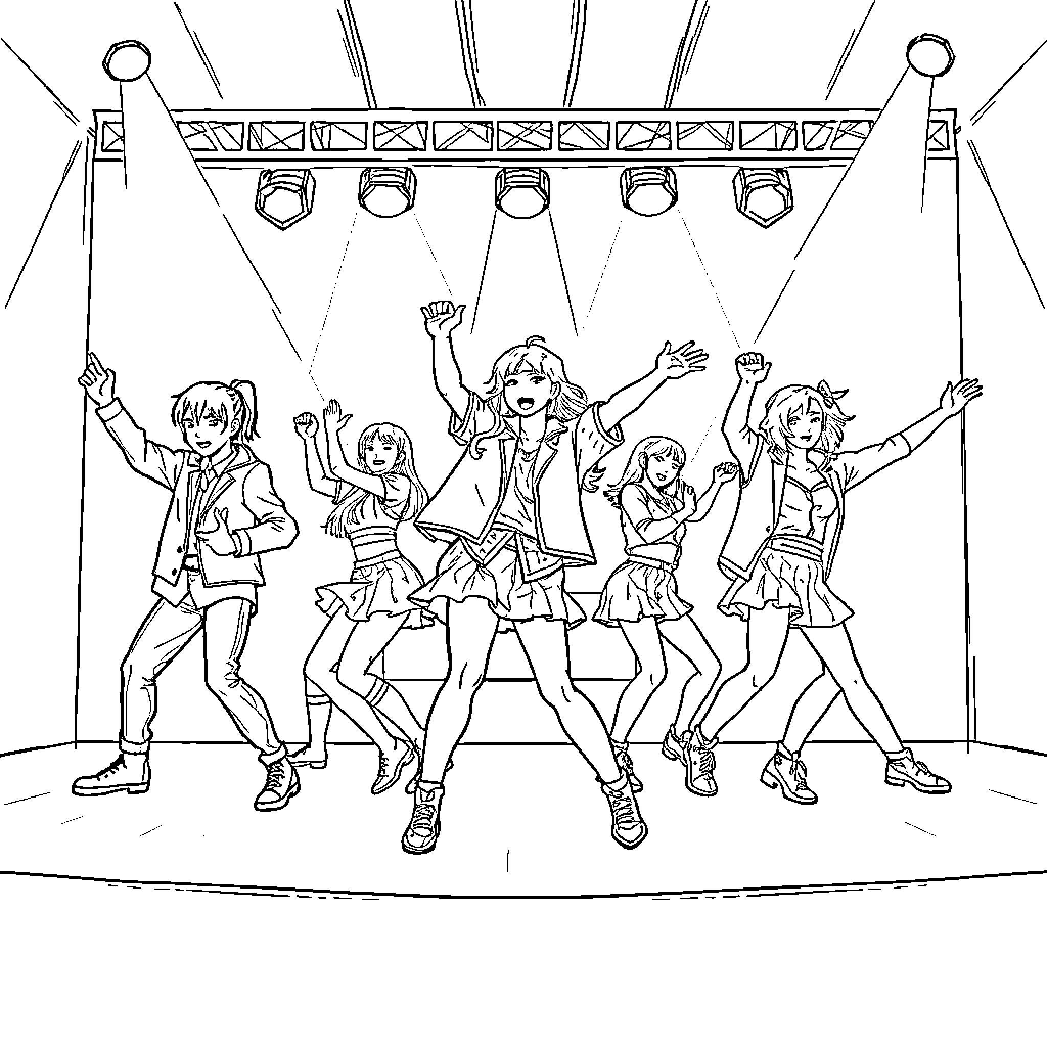 Kpop group performing energetic dance routine on stage Coloring Page (free black-and-white line drawing printable PDF for all, from beginners to advanced learners, including children, teens, adults, and seniors)