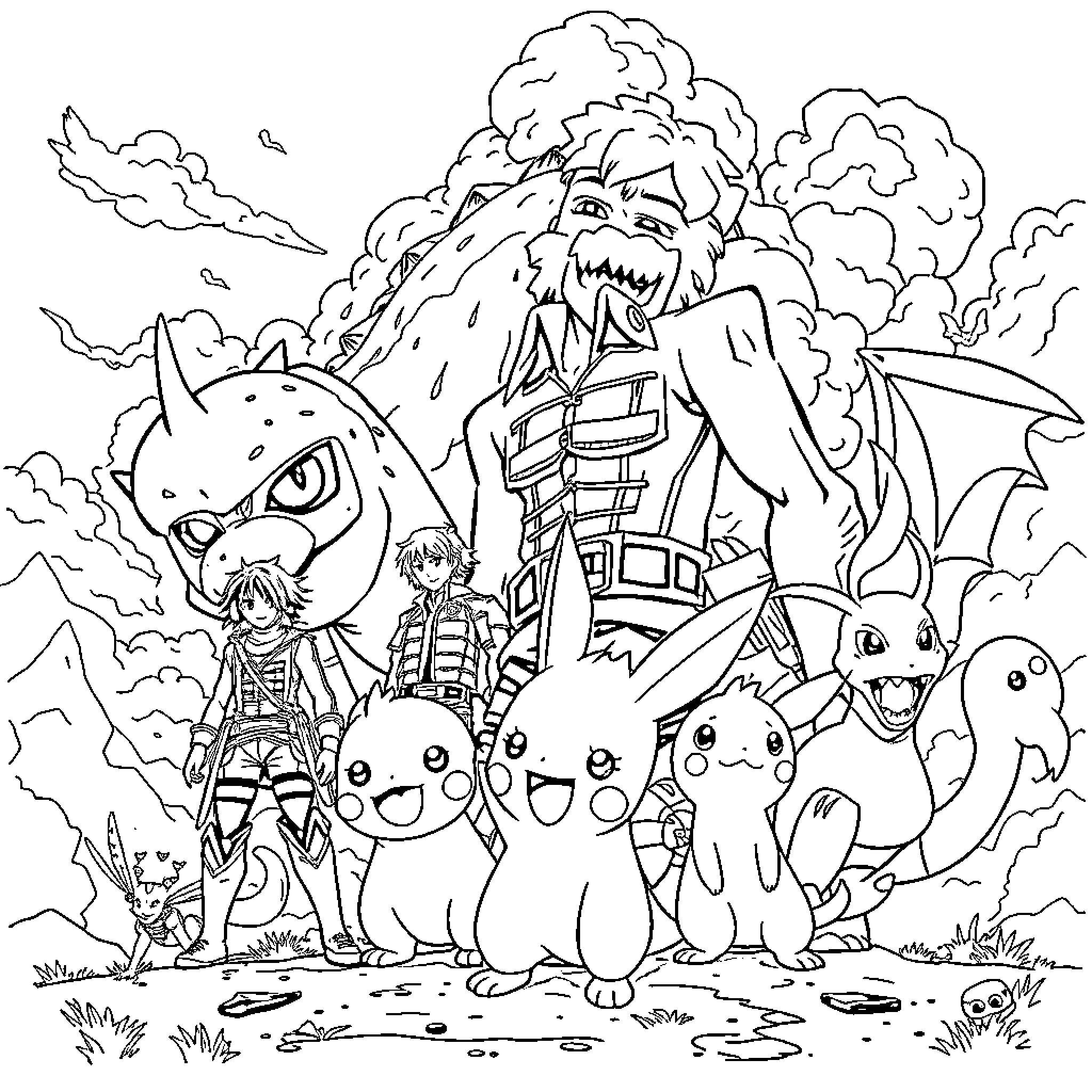 Anime characters in an adventurous scene Coloring Page (free black-and-white line drawing printable PDF for all, from beginners to advanced learners, including children, teens, adults, and seniors)
