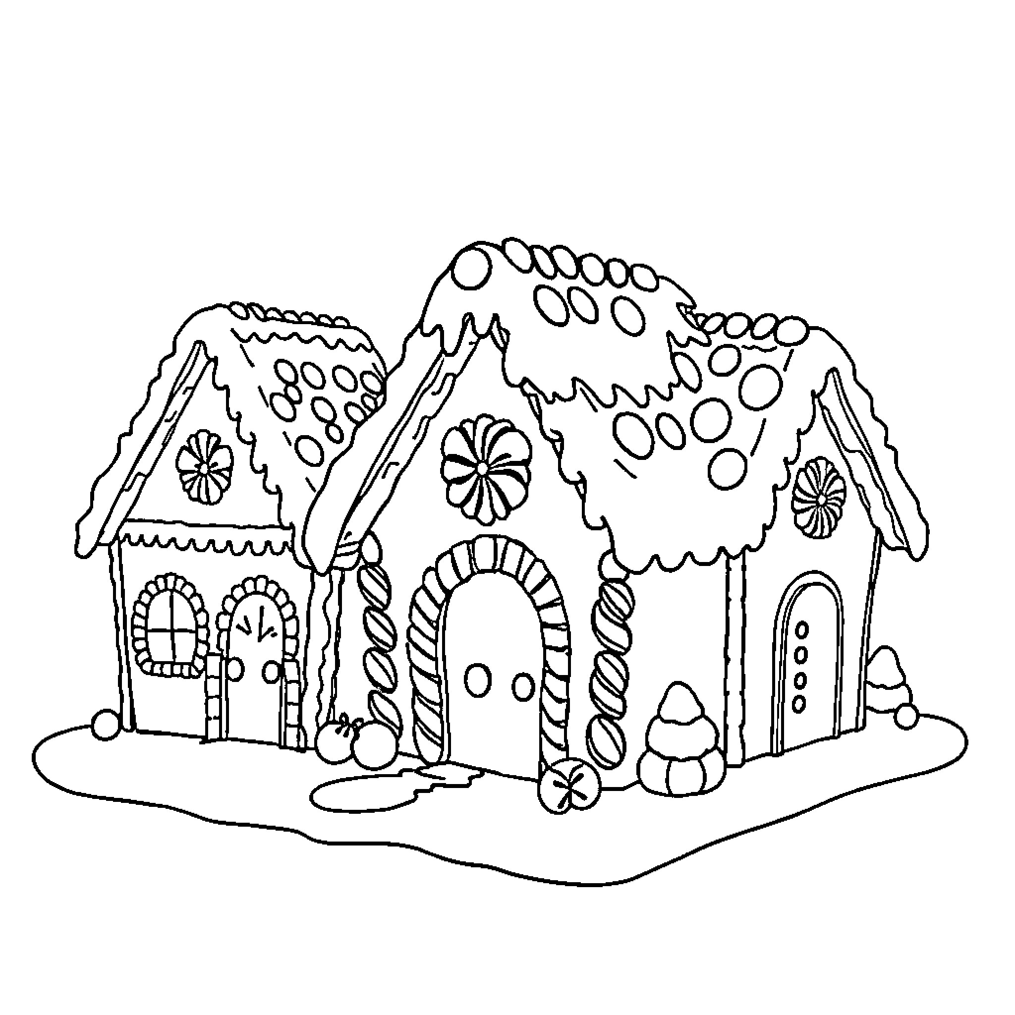 Gingerbread House Adorned with Whimsical Designs Coloring Page (free black-and-white line drawing printable PDF for all, from beginners to advanced learners, including children, teens, adults, and seniors)