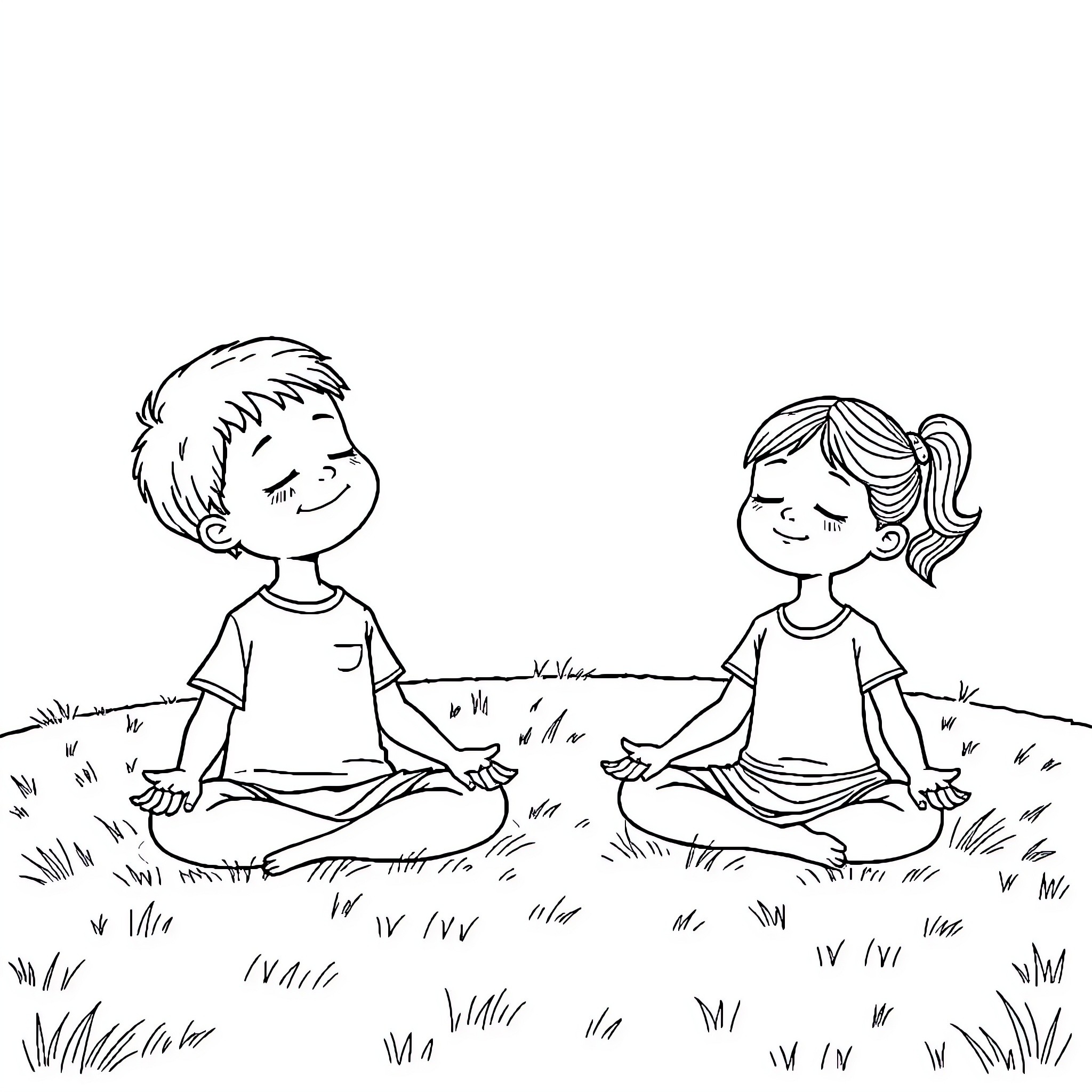Boy and Girl Meditating Together in the Meadow Coloring Page (free black-and-white line drawing printable PDF for all, from beginners to advanced learners, including children, teens, adults, and seniors)