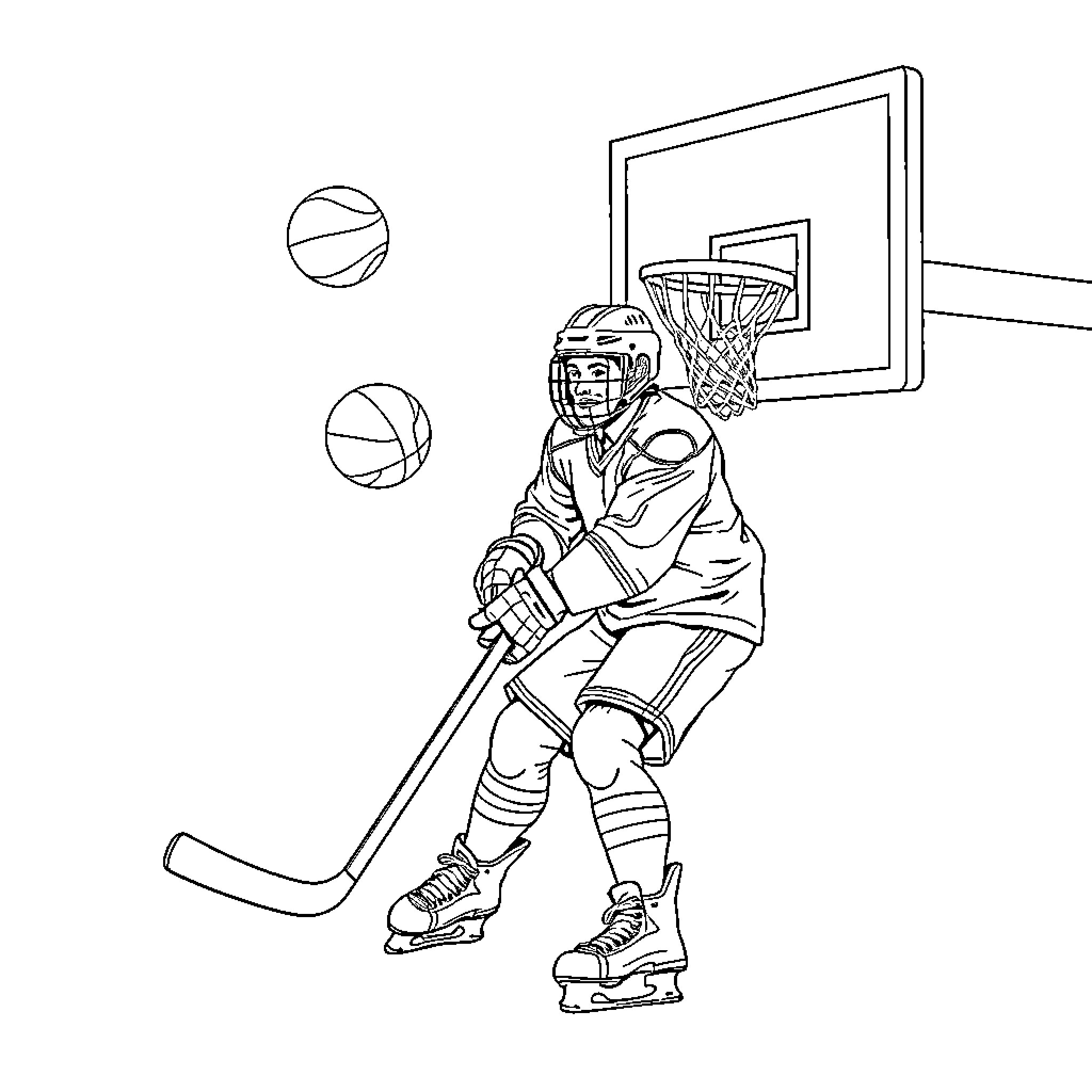 Hockey Player Shooting on Basketball Hoop Coloring Page (free black-and-white line drawing printable PDF for all, from beginners to advanced learners, including children, teens, adults, and seniors)