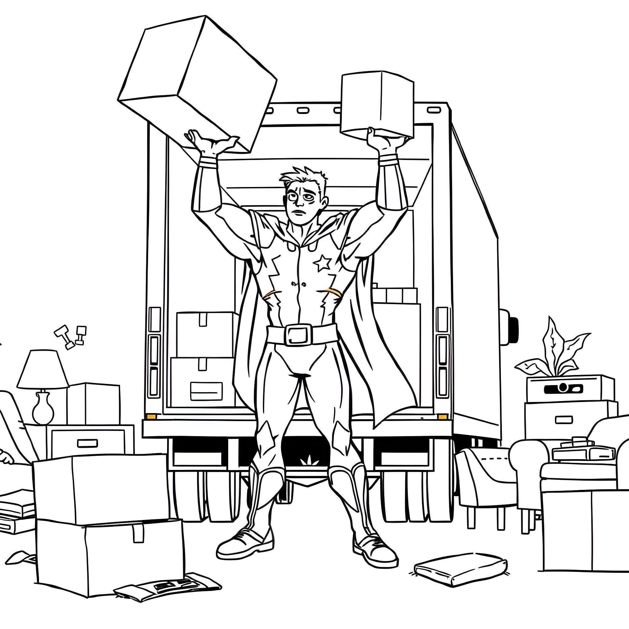 Super Hero Packing Up After a Long Day Coloring Page (free black-and-white line drawing printable PDF for all, from beginners to advanced learners, including children, teens, adults, and seniors)