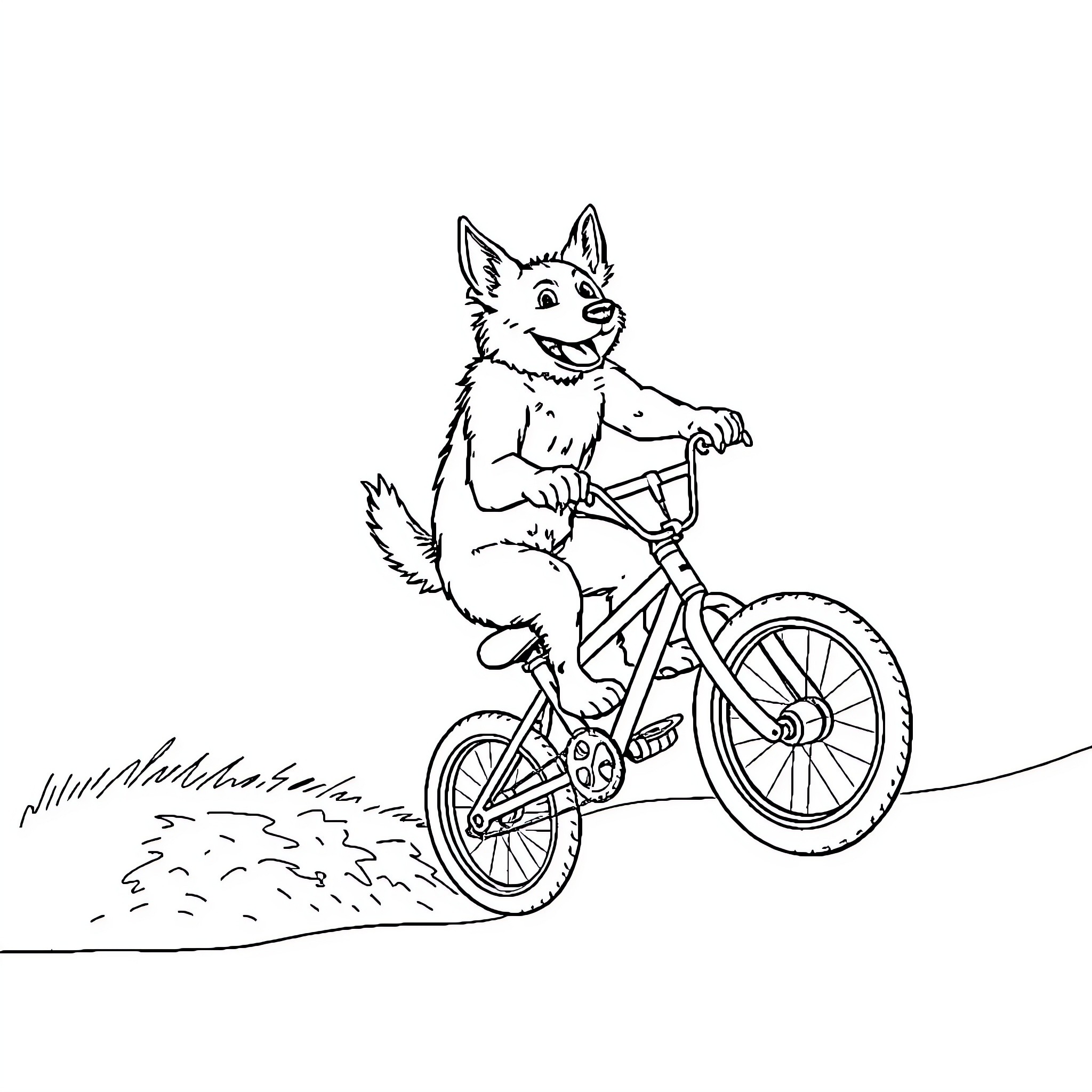 Dog riding a bicycle happily on a dirt path Coloring Page (free black-and-white line drawing printable PDF for all, from beginners to advanced learners, including children, teens, adults, and seniors)
