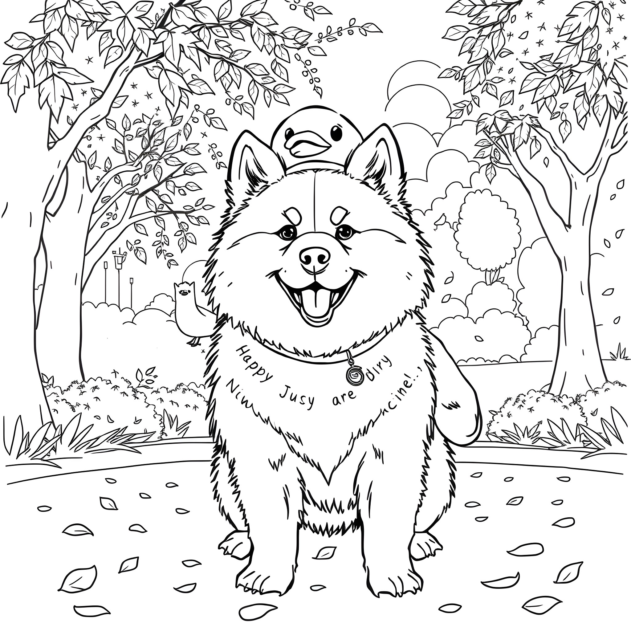 Chow Chow playing happily in the forest Coloring Page (free black-and-white line drawing printable PDF for all, from beginners to advanced learners, including children, teens, adults, and seniors)