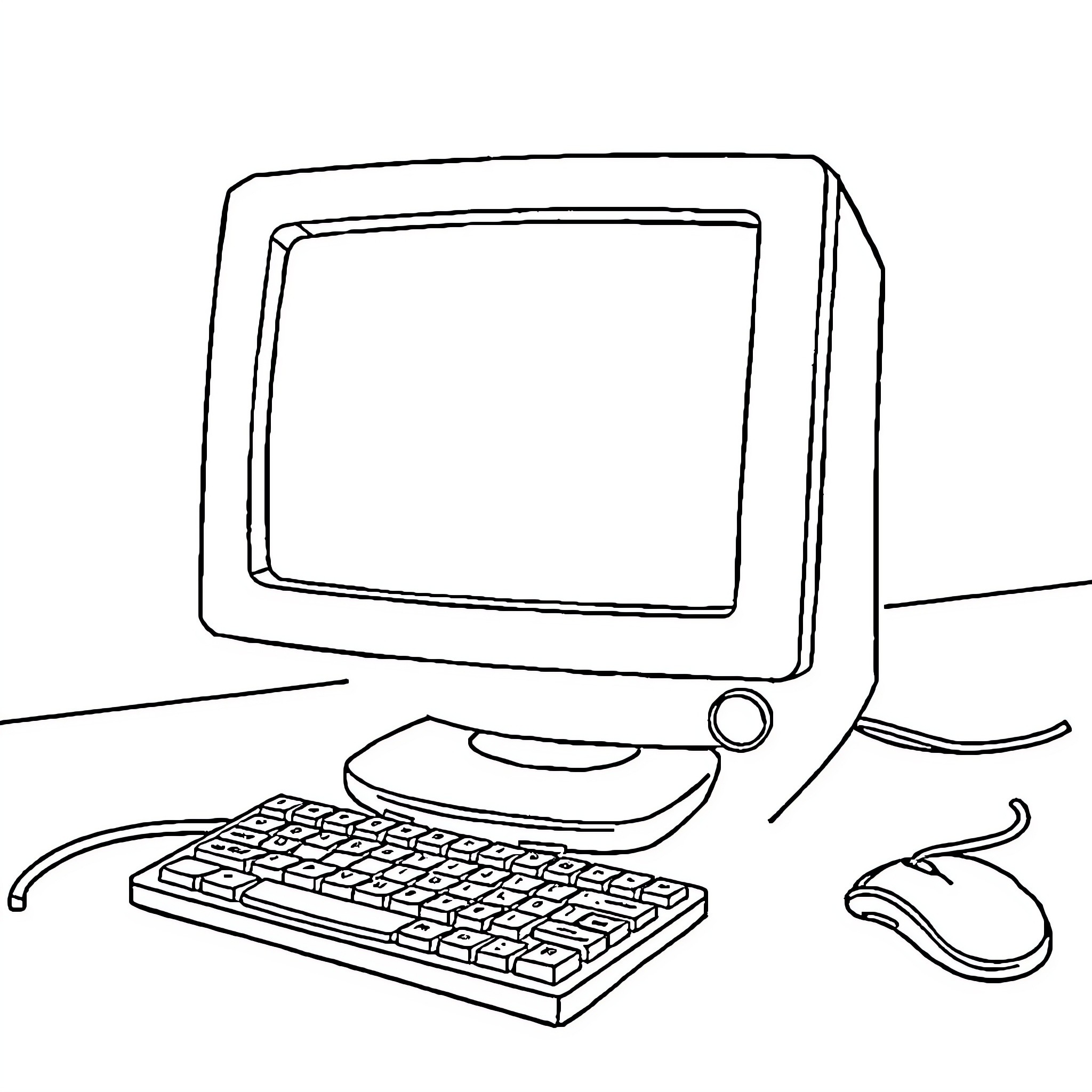 Computer with keyboard and mouse on desk Coloring Page (free black-and-white line drawing printable PDF for all, from beginners to advanced learners, including children, teens, adults, and seniors)