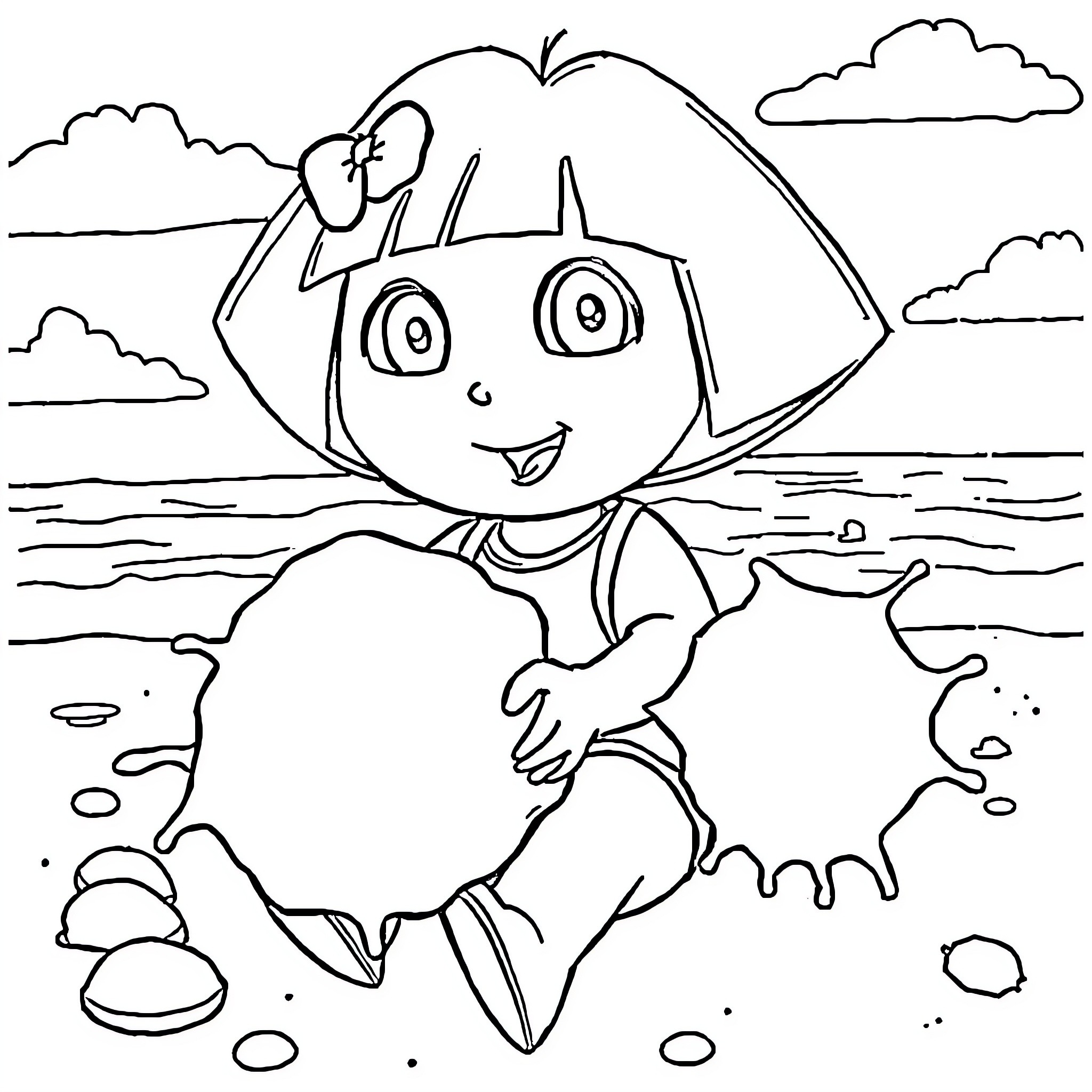 Sponge Bomb Splashing in the Ocean Coloring Page (free black-and-white line drawing printable PDF for all, from beginners to advanced learners, including children, teens, adults, and seniors)