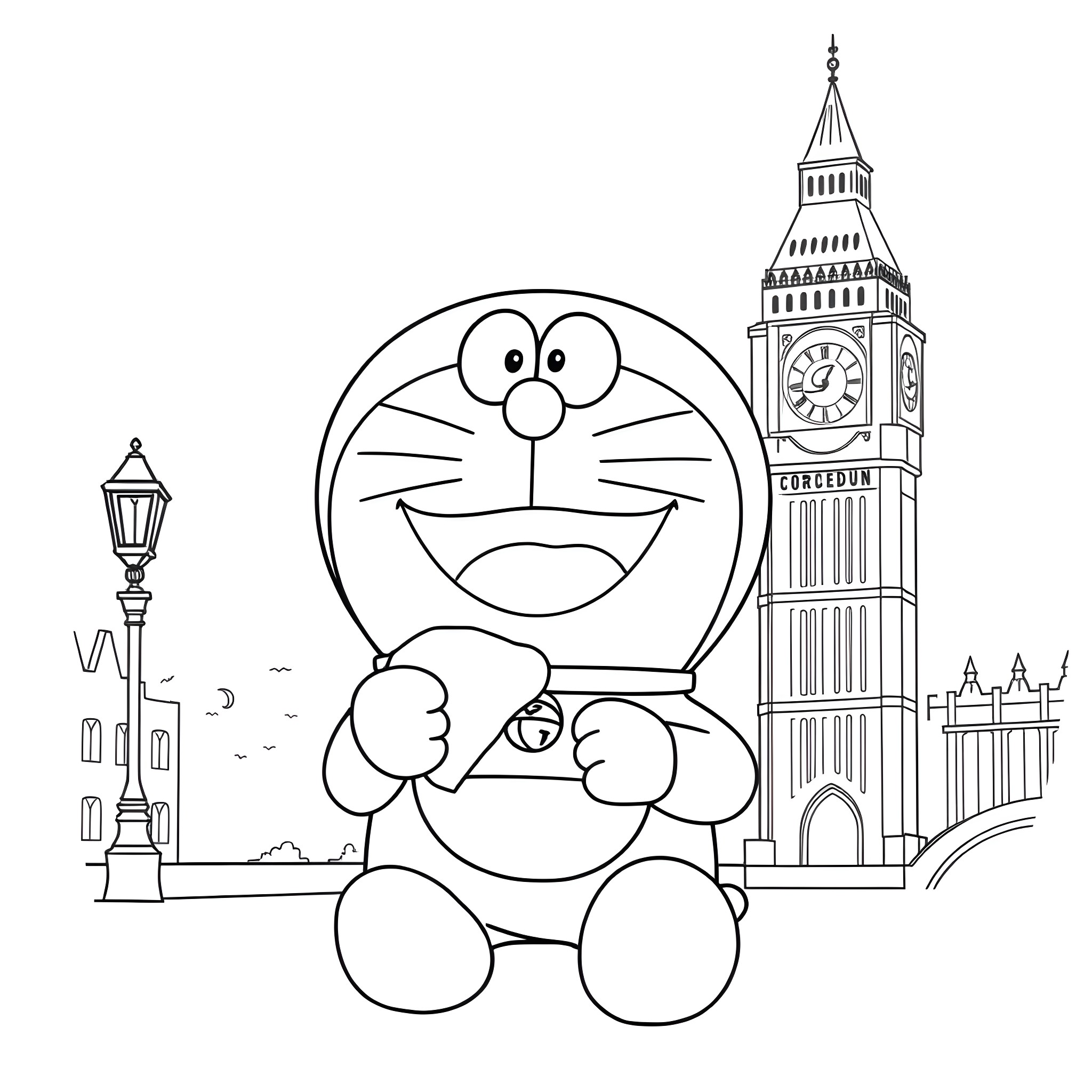 Doraemon exploring the city with Big Ben Coloring Page (free black-and-white line drawing printable PDF for all, from beginners to advanced learners, including children, teens, adults, and seniors)