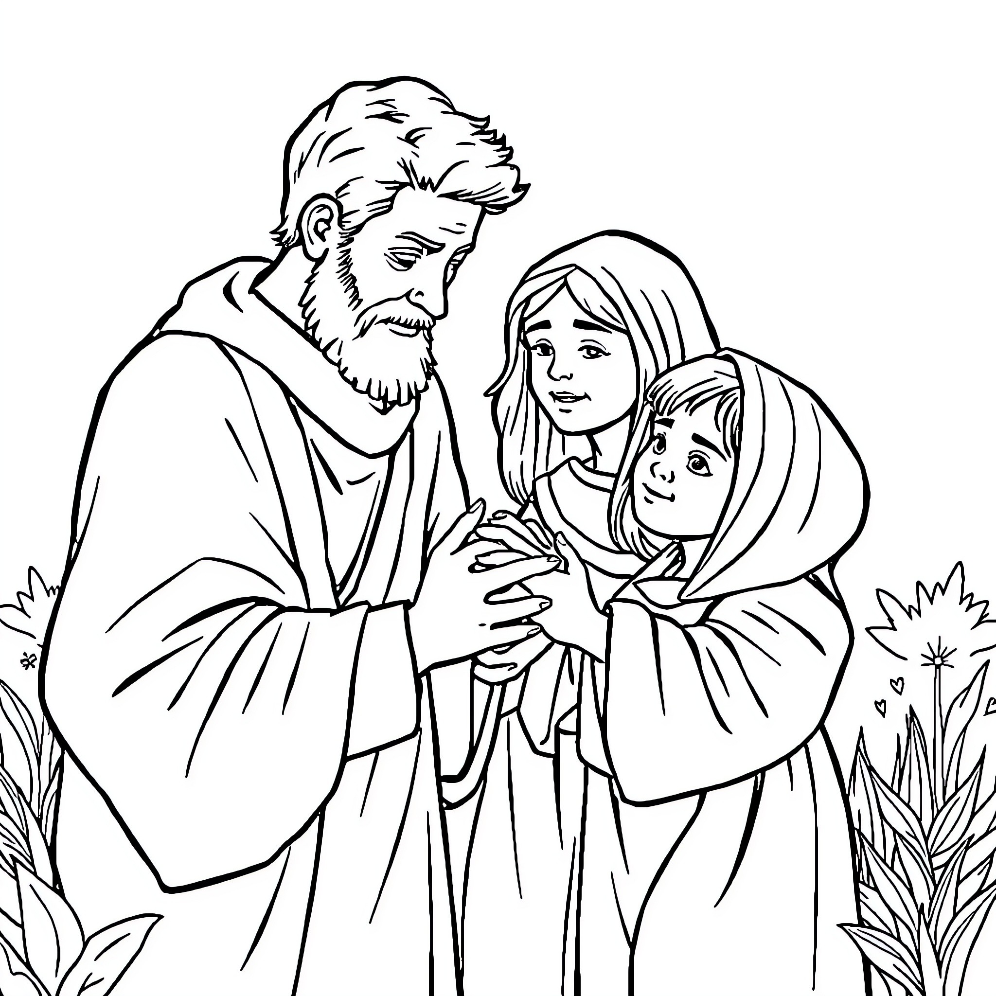 Christian family in peaceful embrace Coloring Page (free black-and-white line drawing printable PDF for all, from beginners to advanced learners, including children, teens, adults, and seniors)