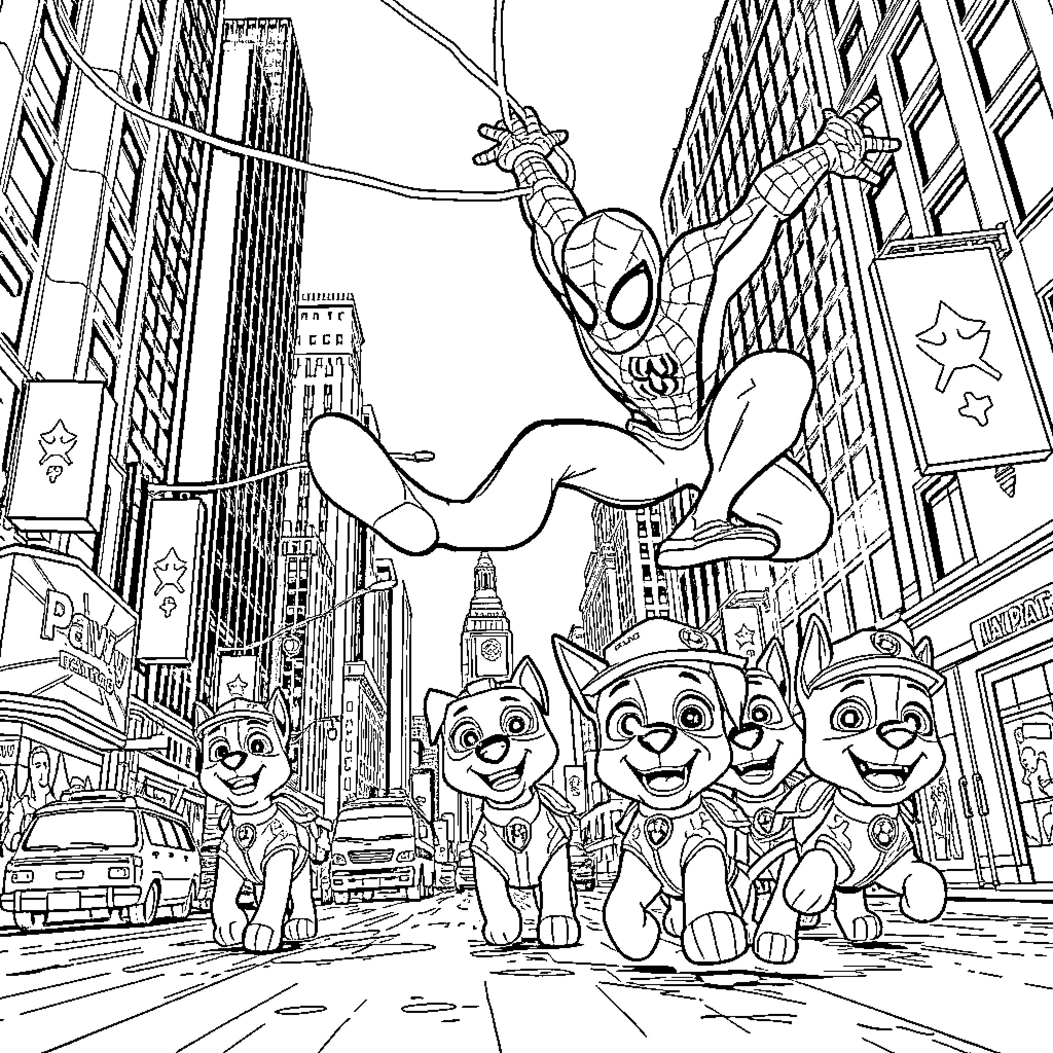 Spiderman swinging over a city with cheerful companions Coloring Page (free black-and-white line drawing printable PDF for all, from beginners to advanced learners, including children, teens, adults, and seniors)