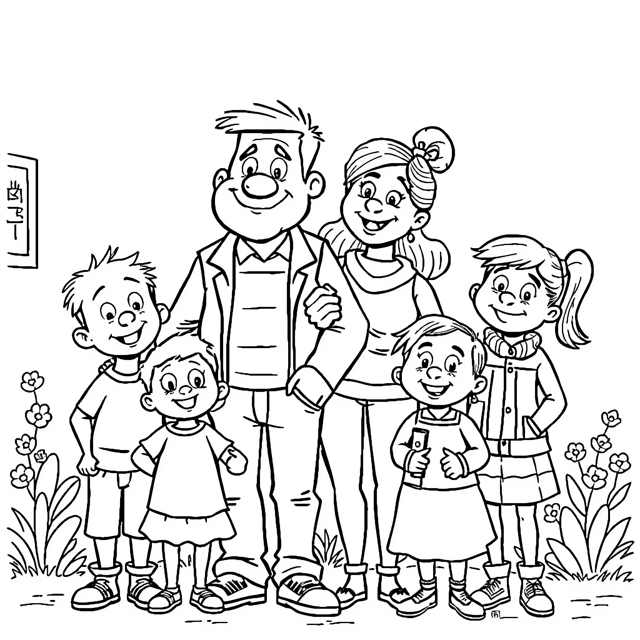 Family Guy: Happy cartoon family in a relaxed setting Coloring Page (free black-and-white line drawing printable PDF for all, from beginners to advanced learners, including children, teens, adults, and seniors)