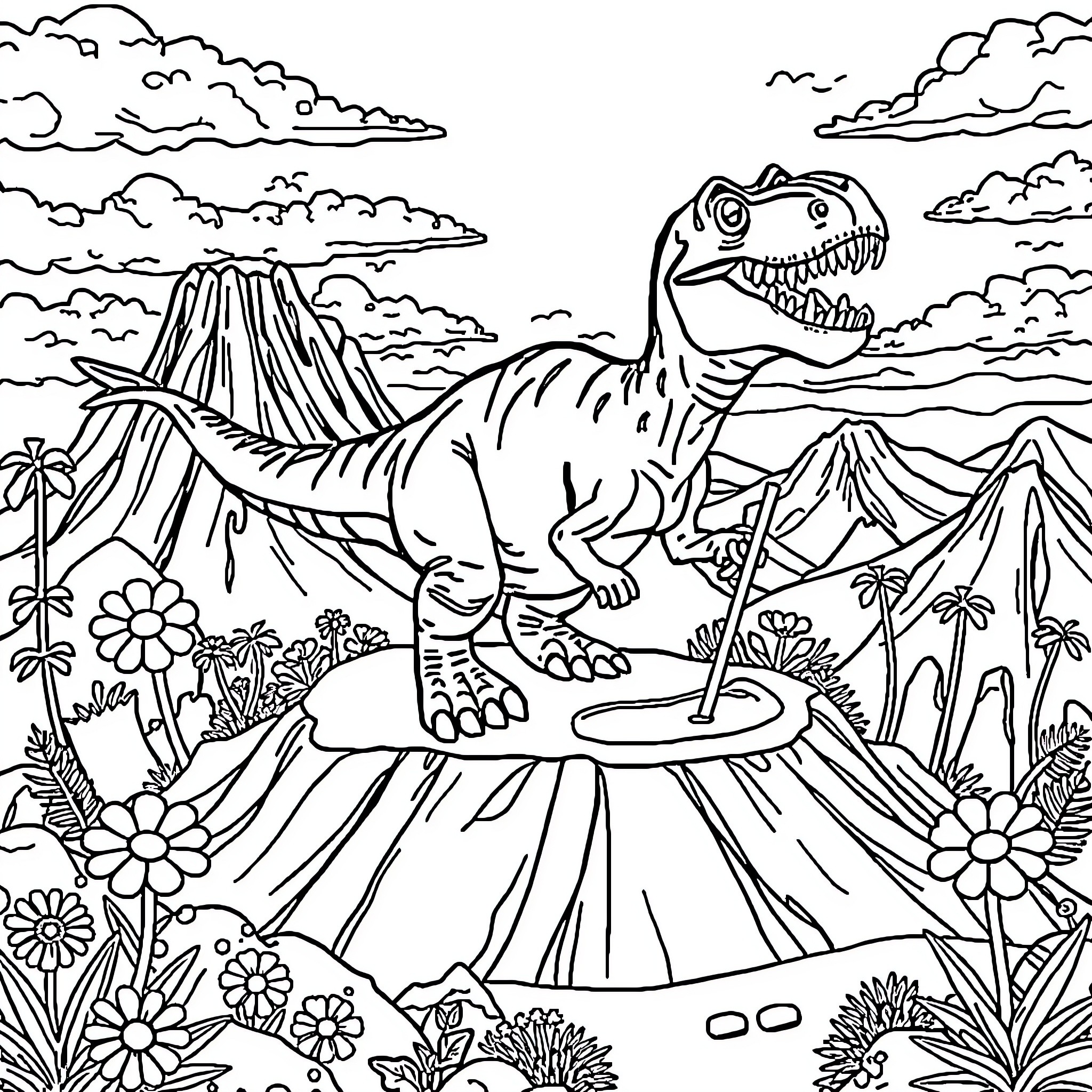 Tyrannosaurus exploring the prehistoric landscape Coloring Page (free black-and-white line drawing printable PDF for all, from beginners to advanced learners, including children, teens, adults, and seniors)