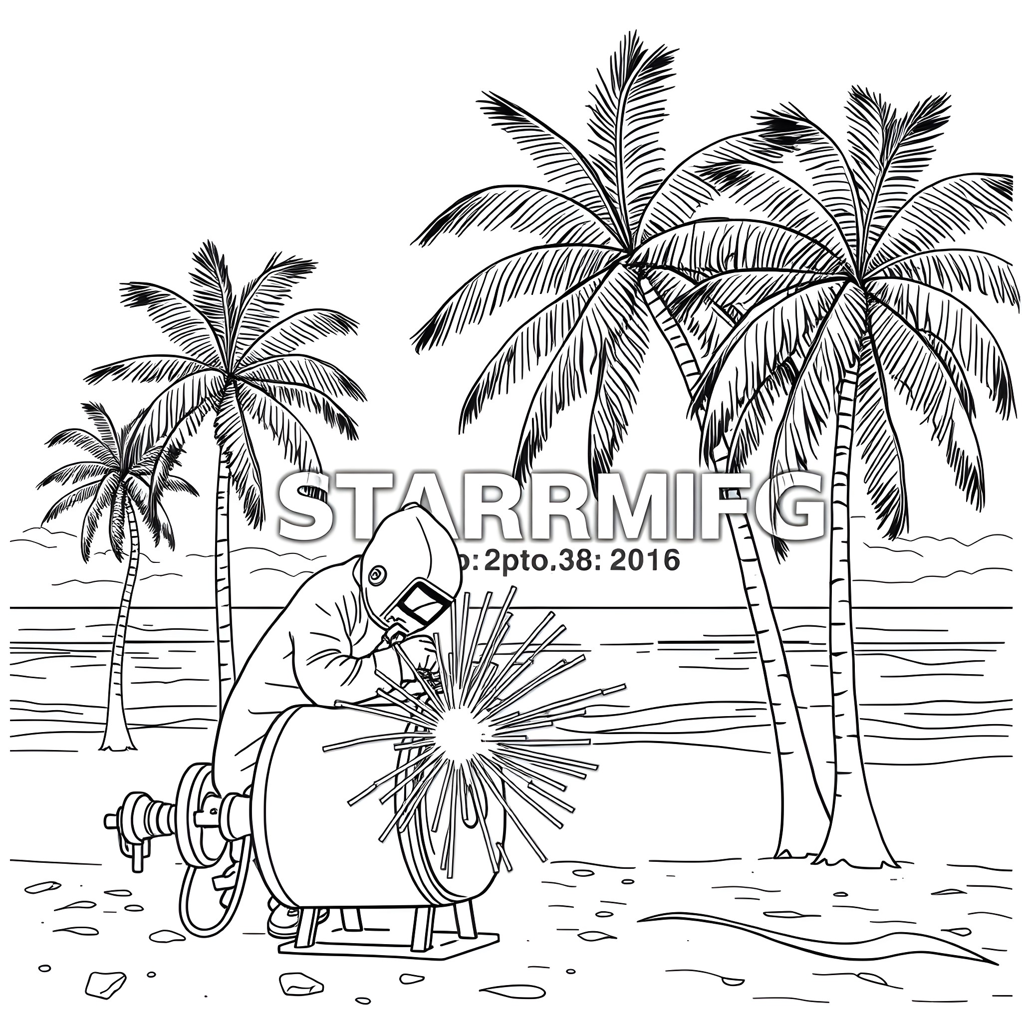 Man welding outdoors surrounded by palm trees Coloring Page (free black-and-white line drawing printable PDF for all, from beginners to advanced learners, including children, teens, adults, and seniors)