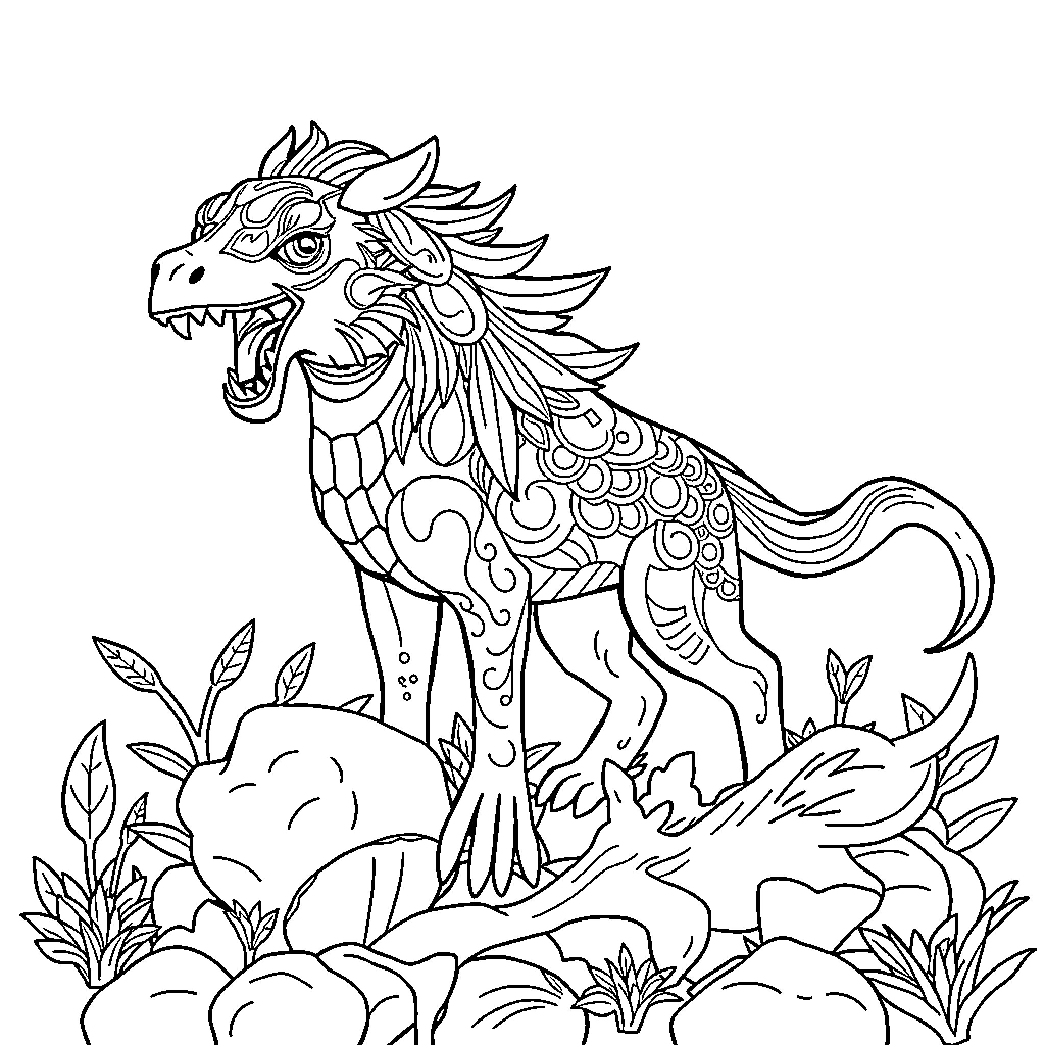 Kuda Mythical Creature Surrounded by Foliage Coloring Page (free black-and-white line drawing printable PDF for all, from beginners to advanced learners, including children, teens, adults, and seniors)
