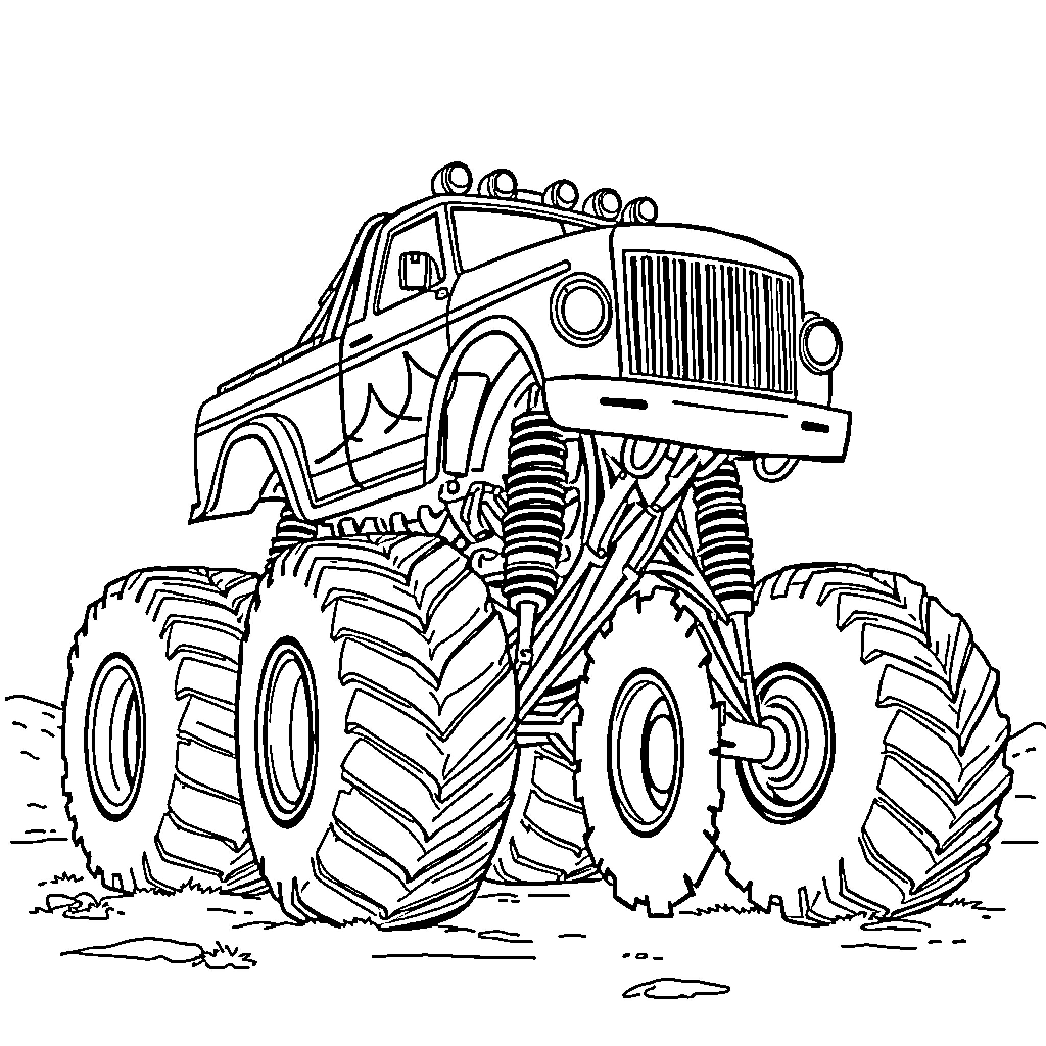Monster Truck Crushing through the Terrain Coloring Page (free black-and-white line drawing printable PDF for all, from beginners to advanced learners, including children, teens, adults, and seniors)
