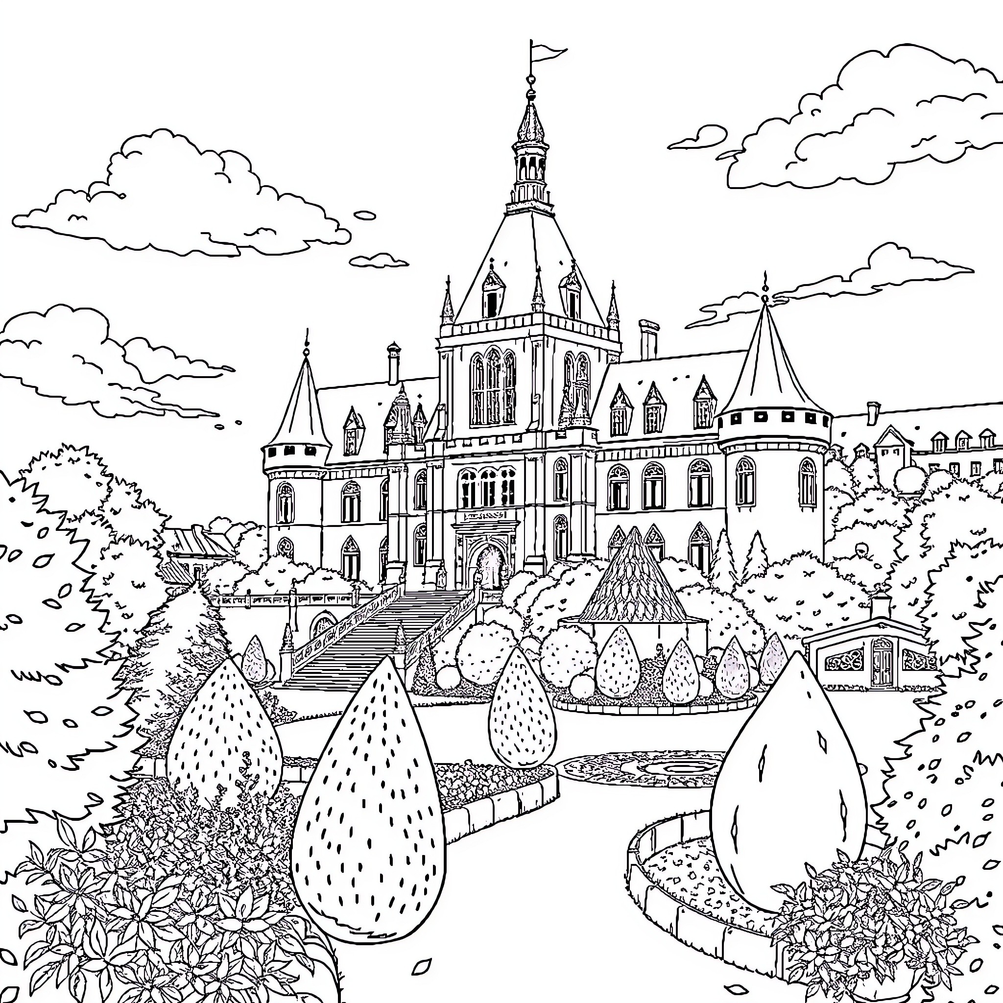 Château Surrounded by Whimsical Gardens and Architecture Coloring Page (free black-and-white line drawing printable PDF for all, from beginners to advanced learners, including children, teens, adults, and seniors)