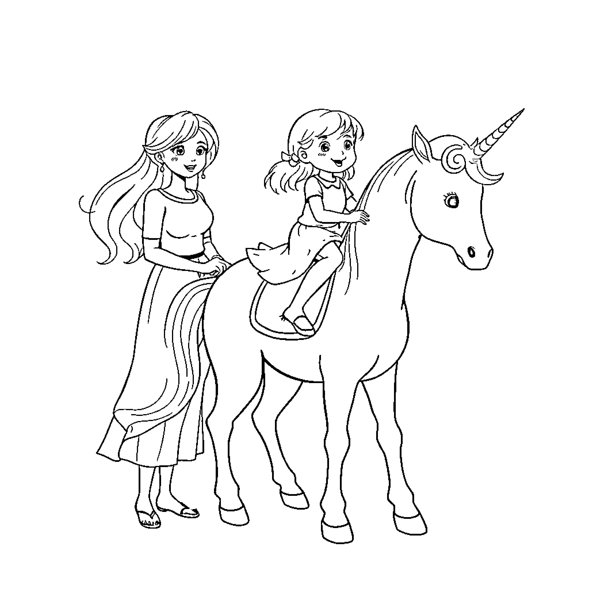 Girls Explore Magical Unicorn Adventure Coloring Page (free black-and-white line drawing printable PDF for all, from beginners to advanced learners, including children, teens, adults, and seniors)