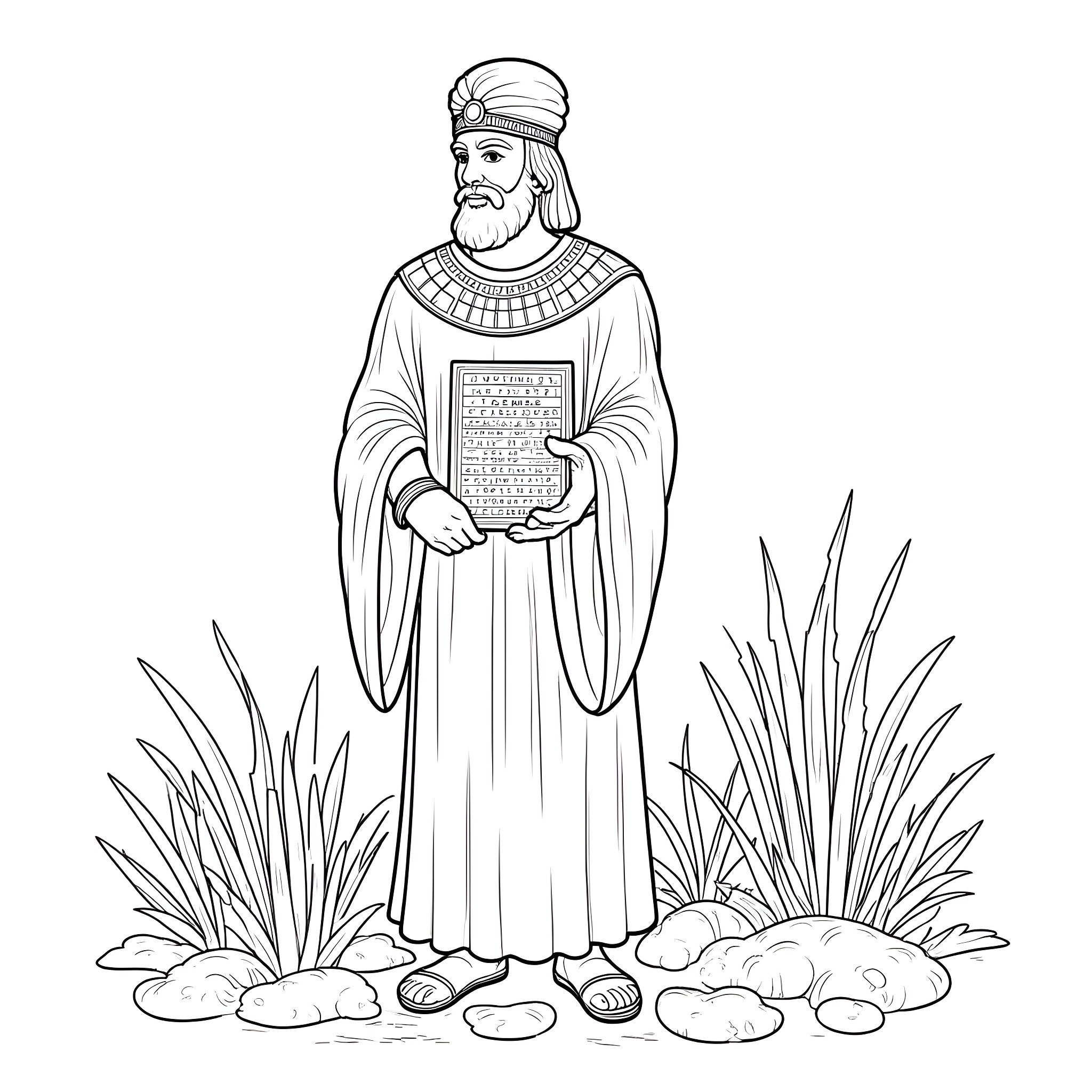 King Hammurabi presenting legal code in ceremonial robes Coloring Page (free black-and-white line drawing printable PDF for all, from beginners to advanced learners, including children, teens, adults, and seniors)