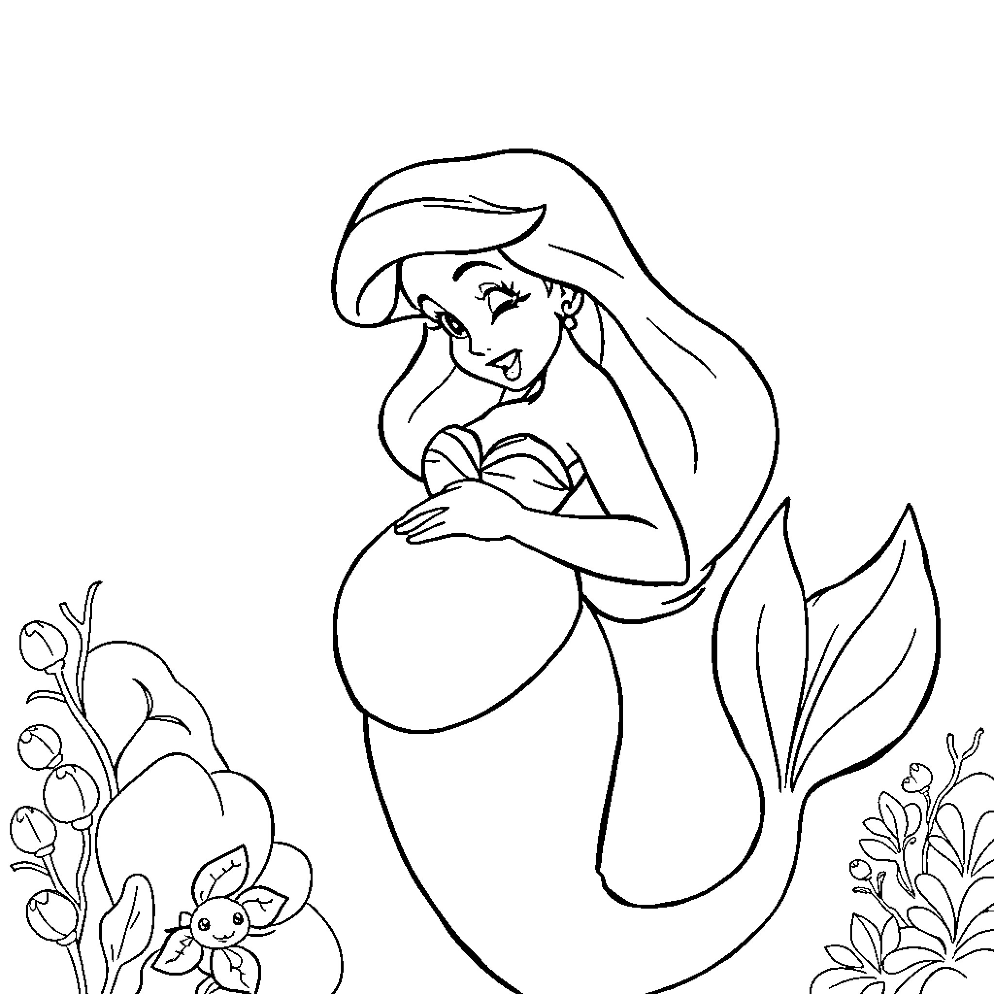 Ariel the Mermaid in Peaceful Underwater Scene Coloring Page (free black-and-white line drawing printable PDF for all, from beginners to advanced learners, including children, teens, adults, and seniors)