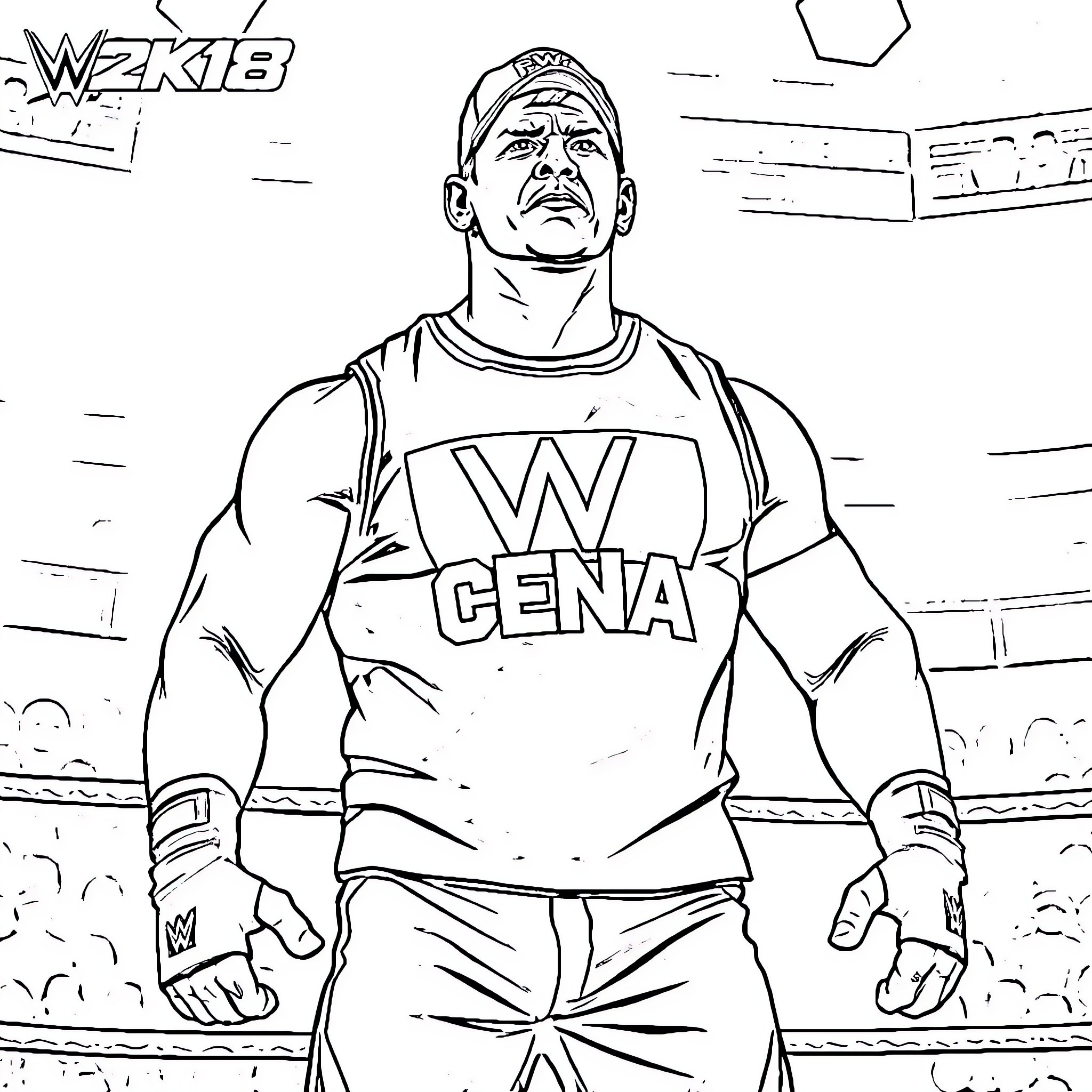 John Cena posing in wrestling ring with determined expression Coloring Page (free black-and-white line drawing printable PDF for all, from beginners to advanced learners, including children, teens, adults, and seniors)