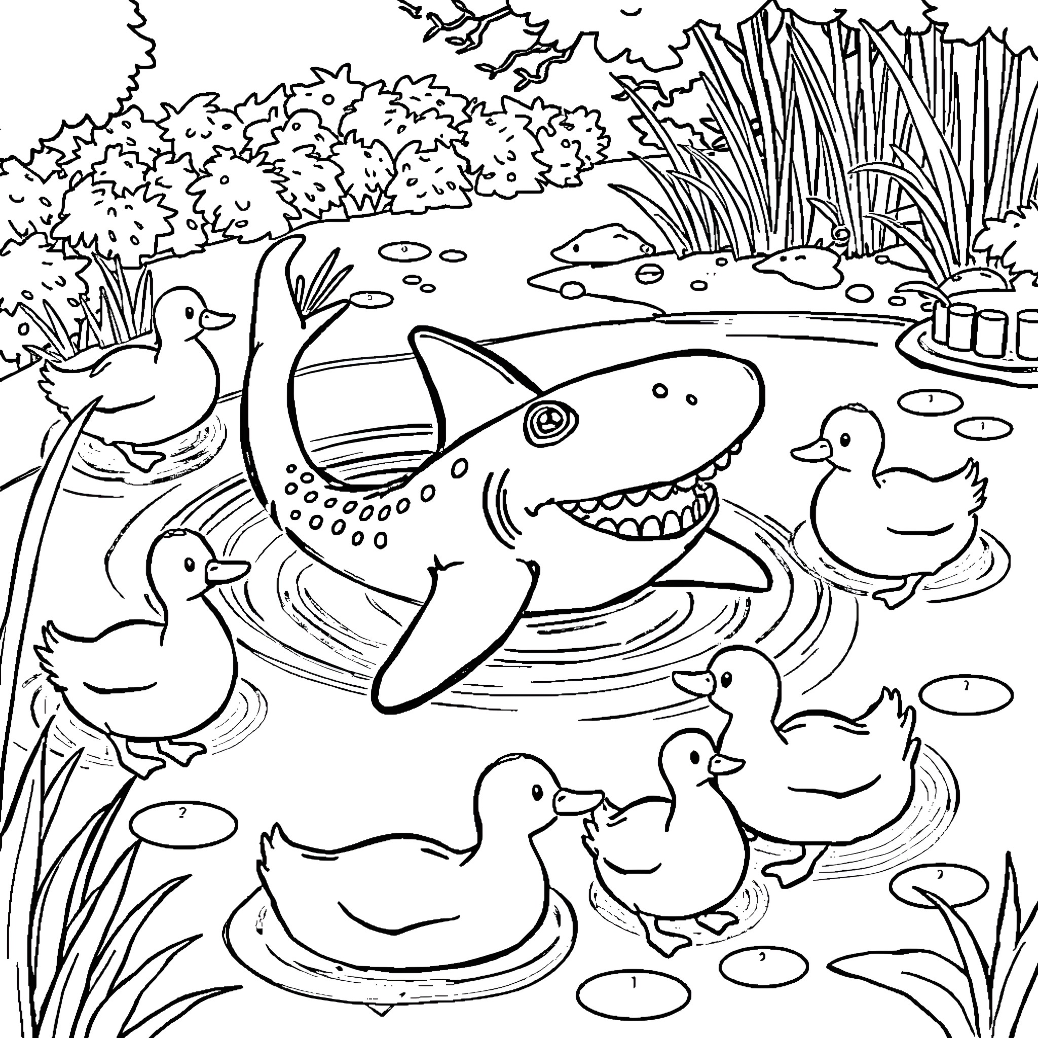 Jeff's Underwater Adventure with Ducks and Shark Coloring Page (free black-and-white line drawing printable PDF for all, from beginners to advanced learners, including children, teens, adults, and seniors)