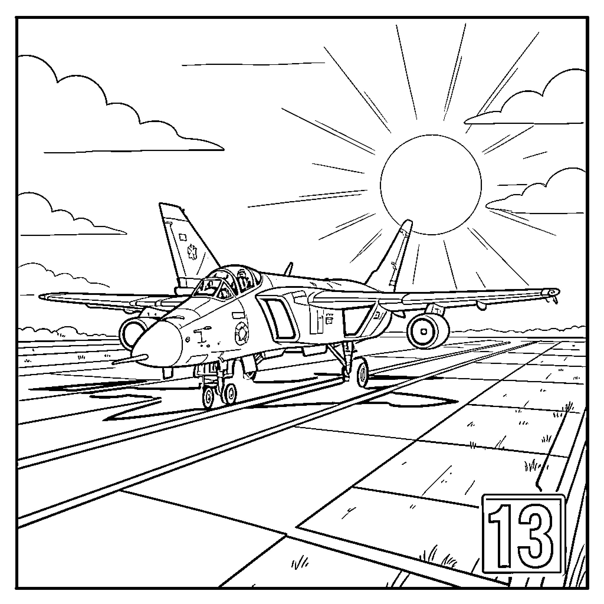 Avión despegando en la pista de aterrizaje bajo el sol brillante Coloring Page (free black-and-white line drawing printable PDF for all, from beginners to advanced learners, including children, teens, adults, and seniors)