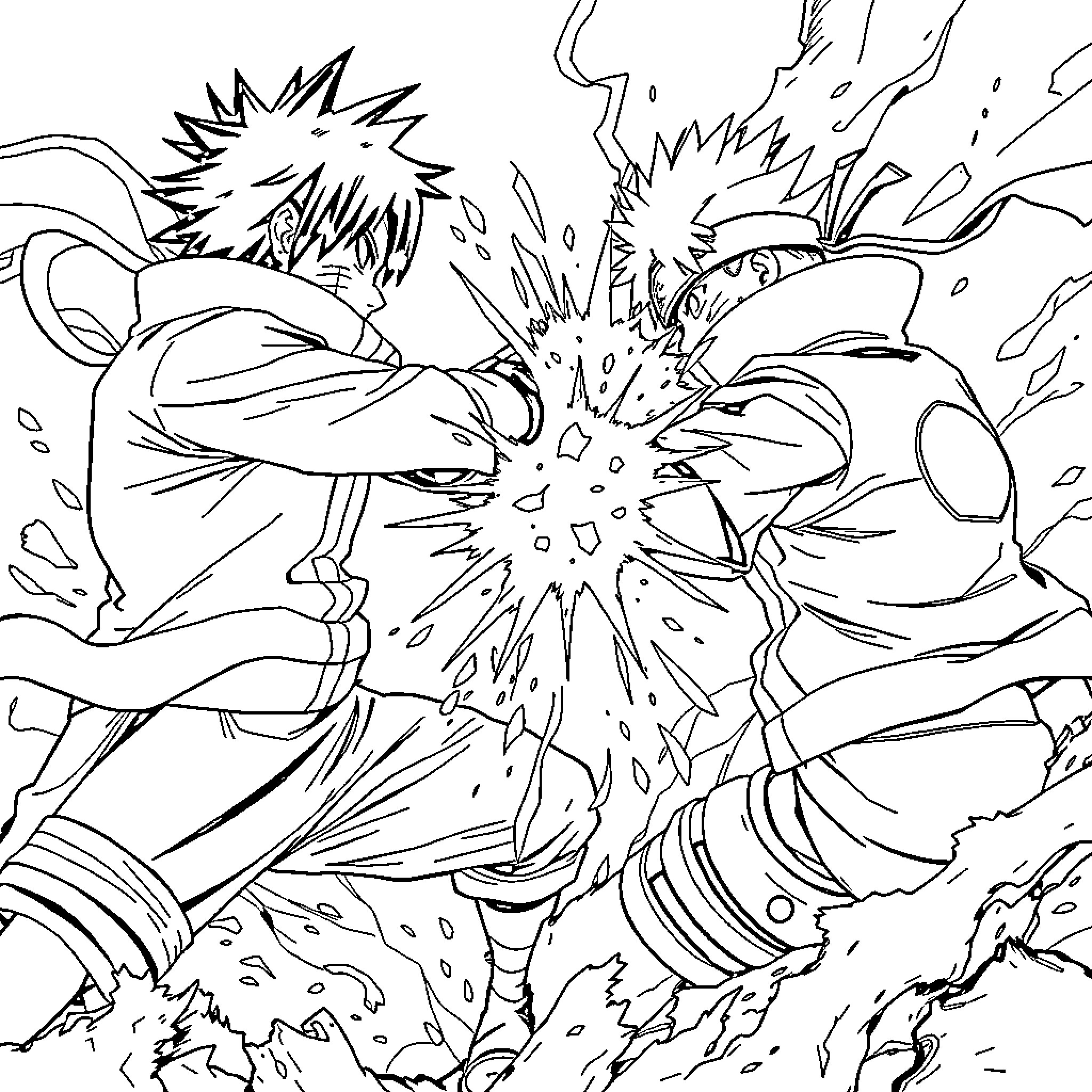 Sasuke's intense combat against a formidable opponent Coloring Page (free black-and-white line drawing printable PDF for all, from beginners to advanced learners, including children, teens, adults, and seniors)