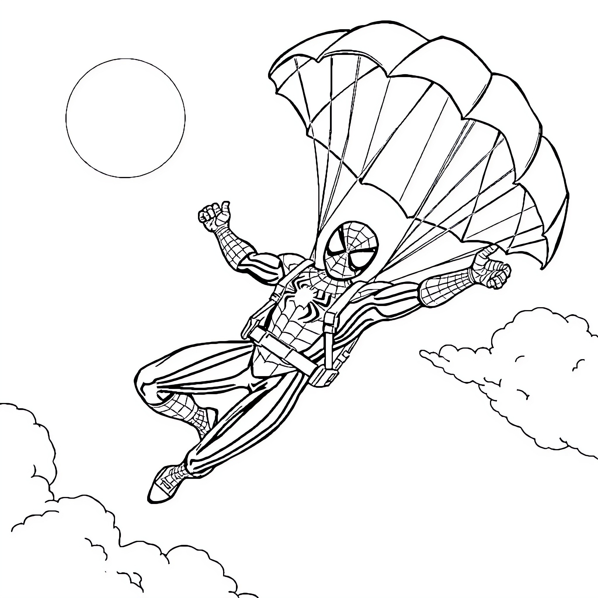 Spiderman parachuting through the sky Coloring Page (free black-and-white line drawing printable PDF for all, from beginners to advanced learners, including children, teens, adults, and seniors)