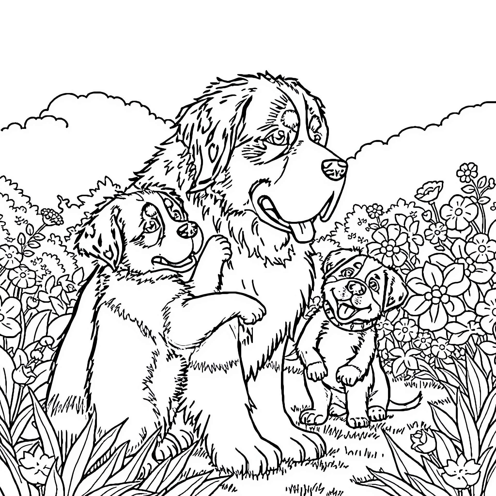 Saint Bernard playing happily with puppy in the floral field Coloring Page (free black-and-white line drawing printable PDF for all, from beginners to advanced learners, including children, teens, adults, and seniors)