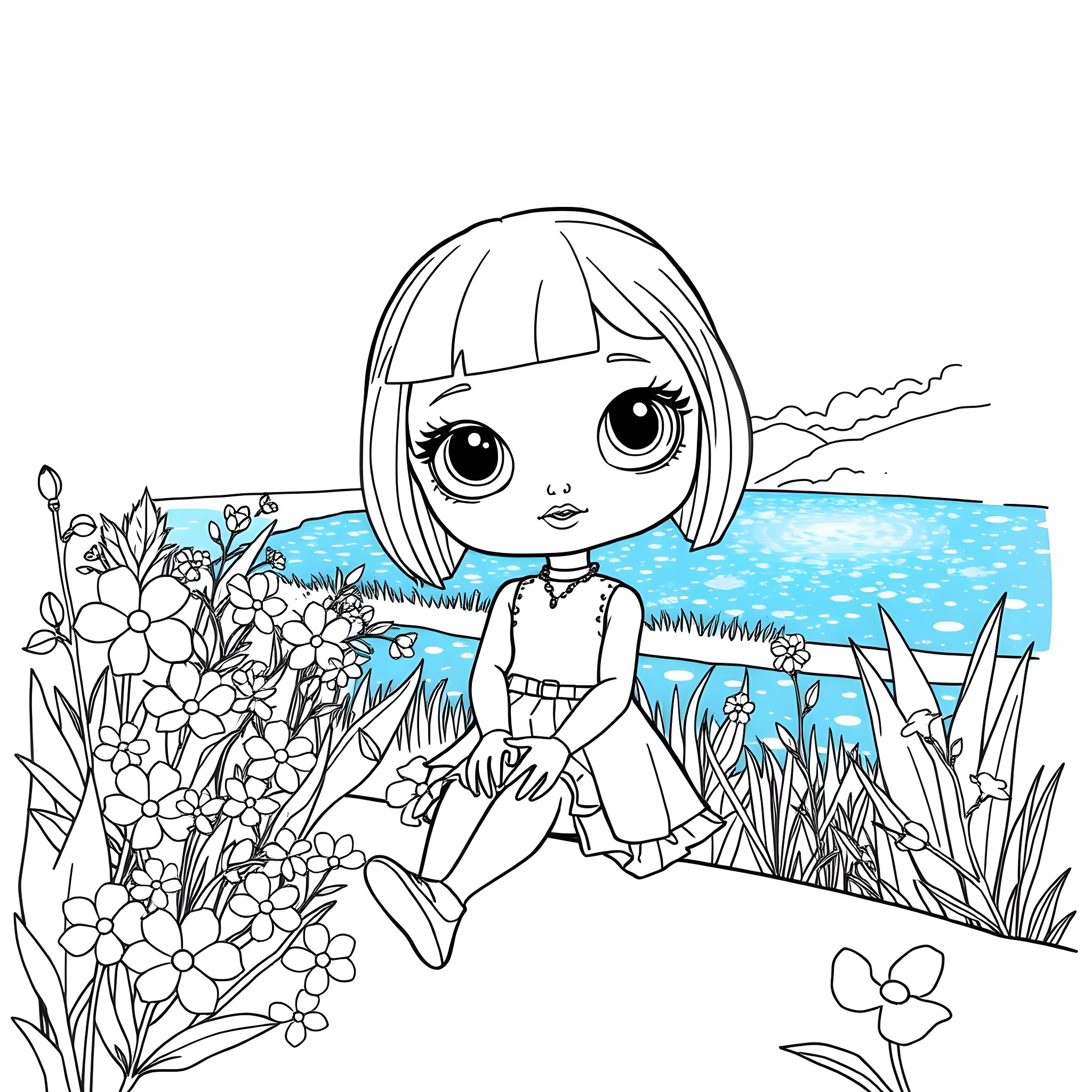 Doll playing happily in a floral garden Coloring Page (free black-and-white line drawing printable PDF for all, from beginners to advanced learners, including children, teens, adults, and seniors)