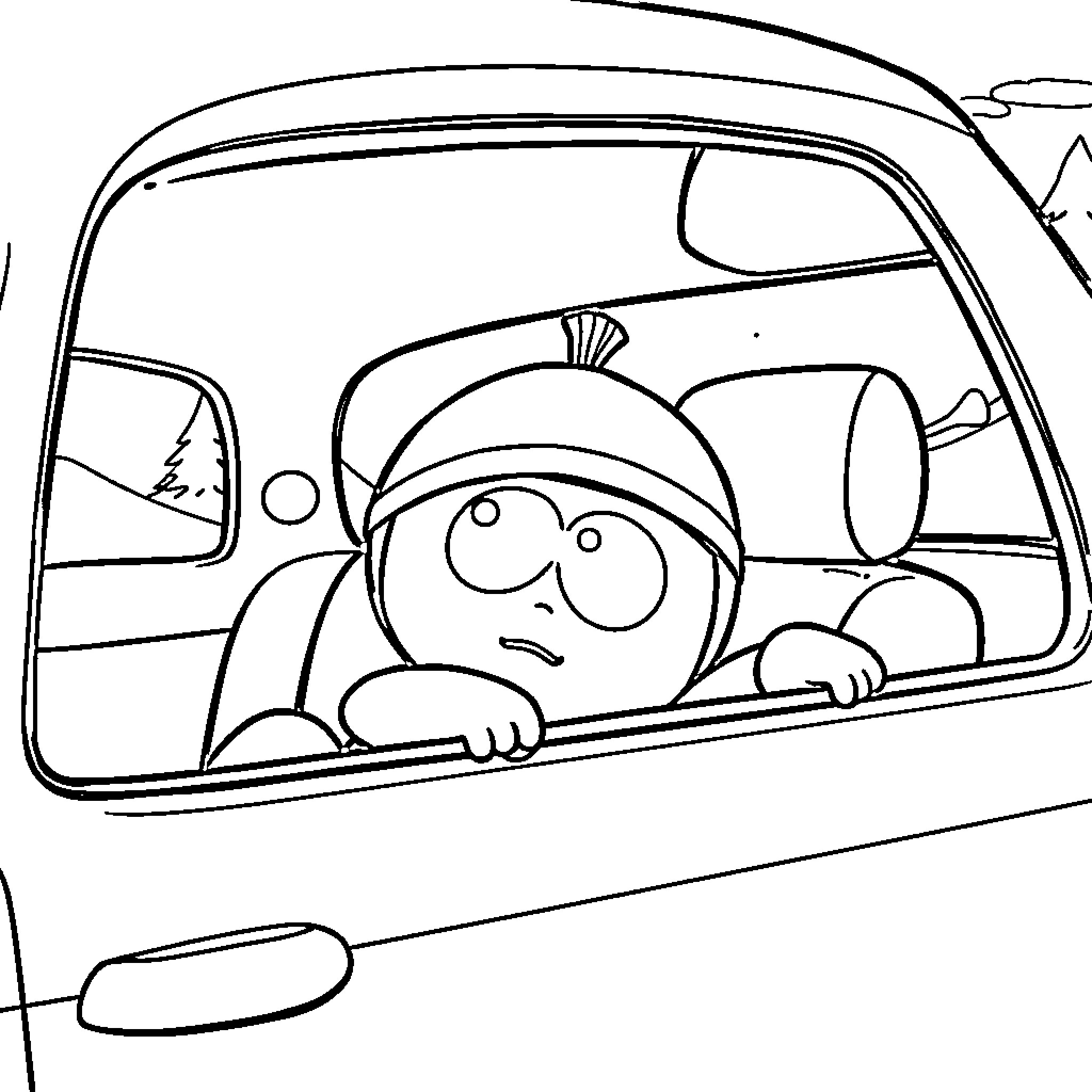 Towelie peering anxiously from a vehicle Coloring Page (free black-and-white line drawing printable PDF for all, from beginners to advanced learners, including children, teens, adults, and seniors)