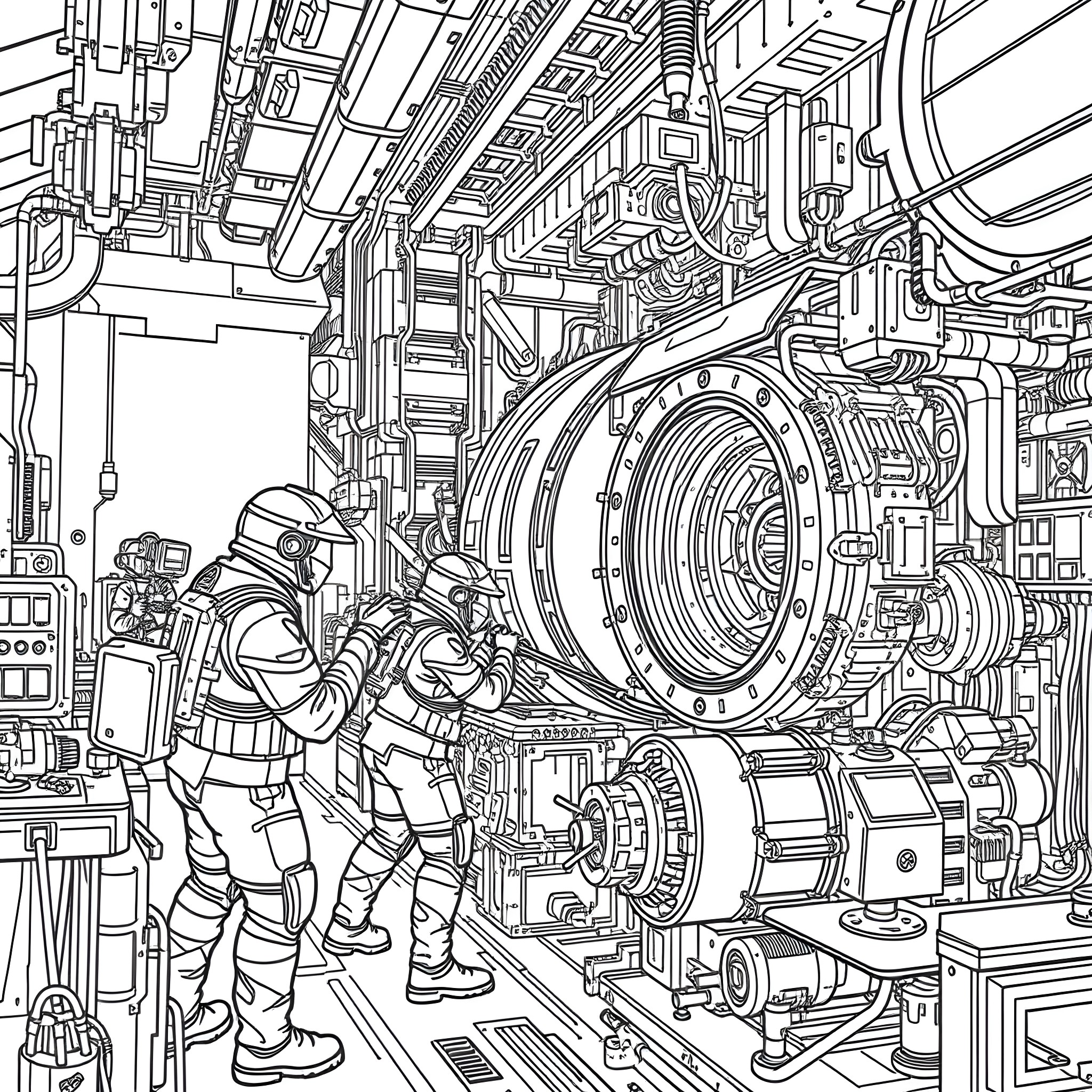 Space Engineer Inspecting Advanced Spacecraft Machinery Coloring Page (free black-and-white line drawing printable PDF for all, from beginners to advanced learners, including children, teens, adults, and seniors)