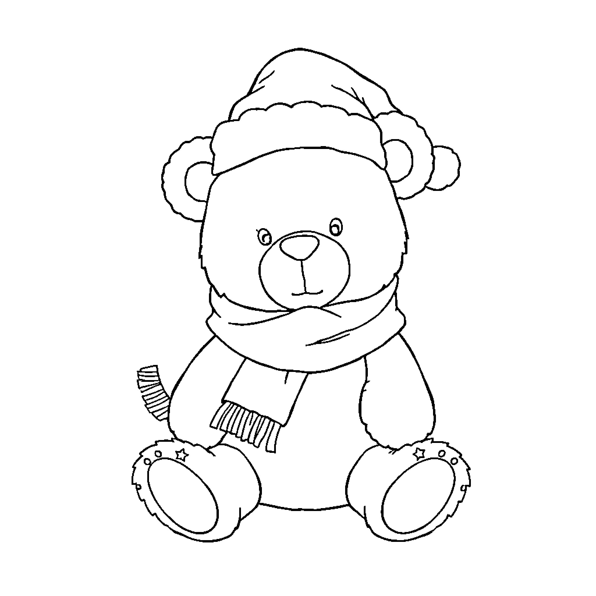 Teddy Bear in Winter Attire Coloring Page (free black-and-white line drawing printable PDF for all, from beginners to advanced learners, including children, teens, adults, and seniors)