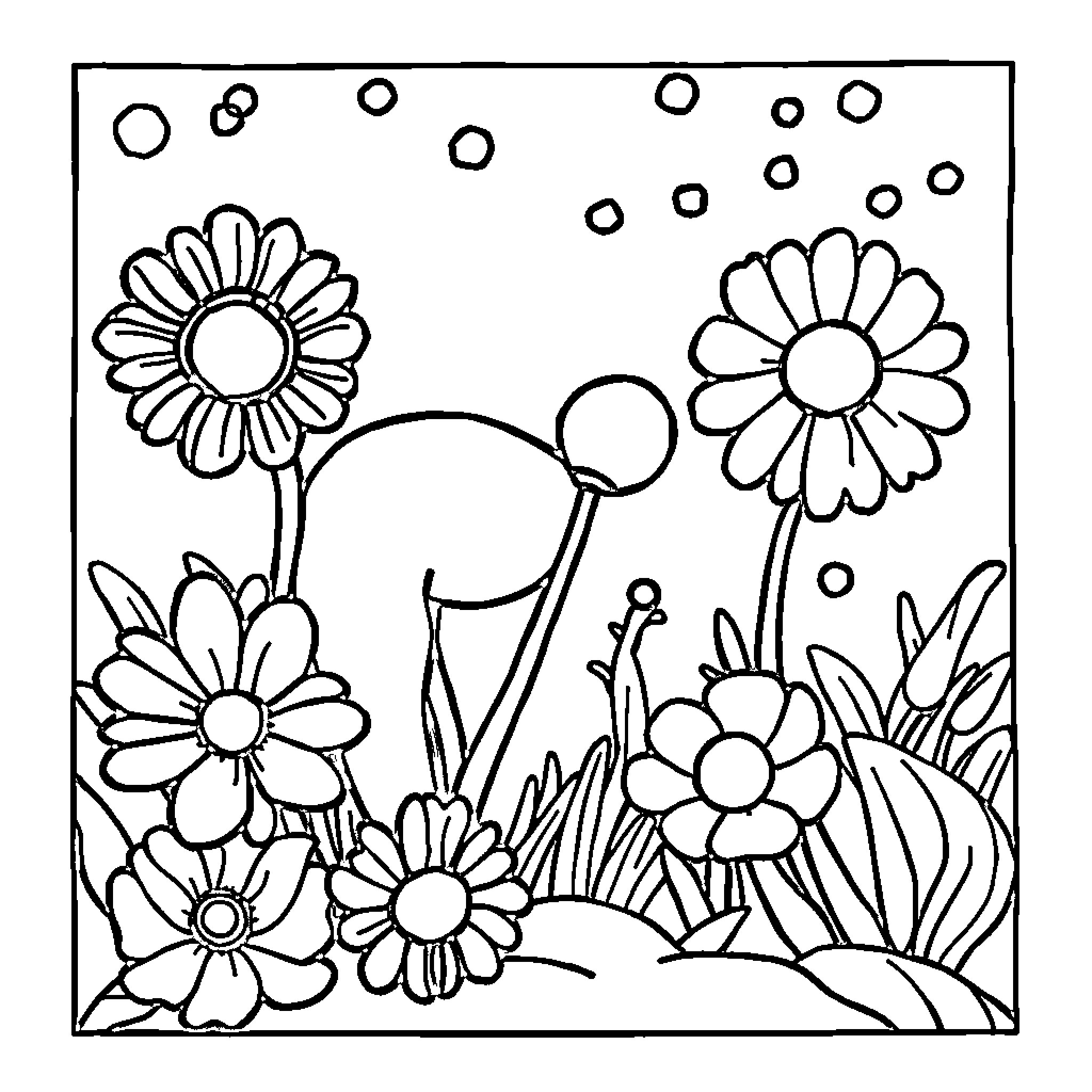 Color by Numbers Whimsical Floral Meadow Coloring Page (free black-and-white line drawing printable PDF for all, from beginners to advanced learners, including children, teens, adults, and seniors)
