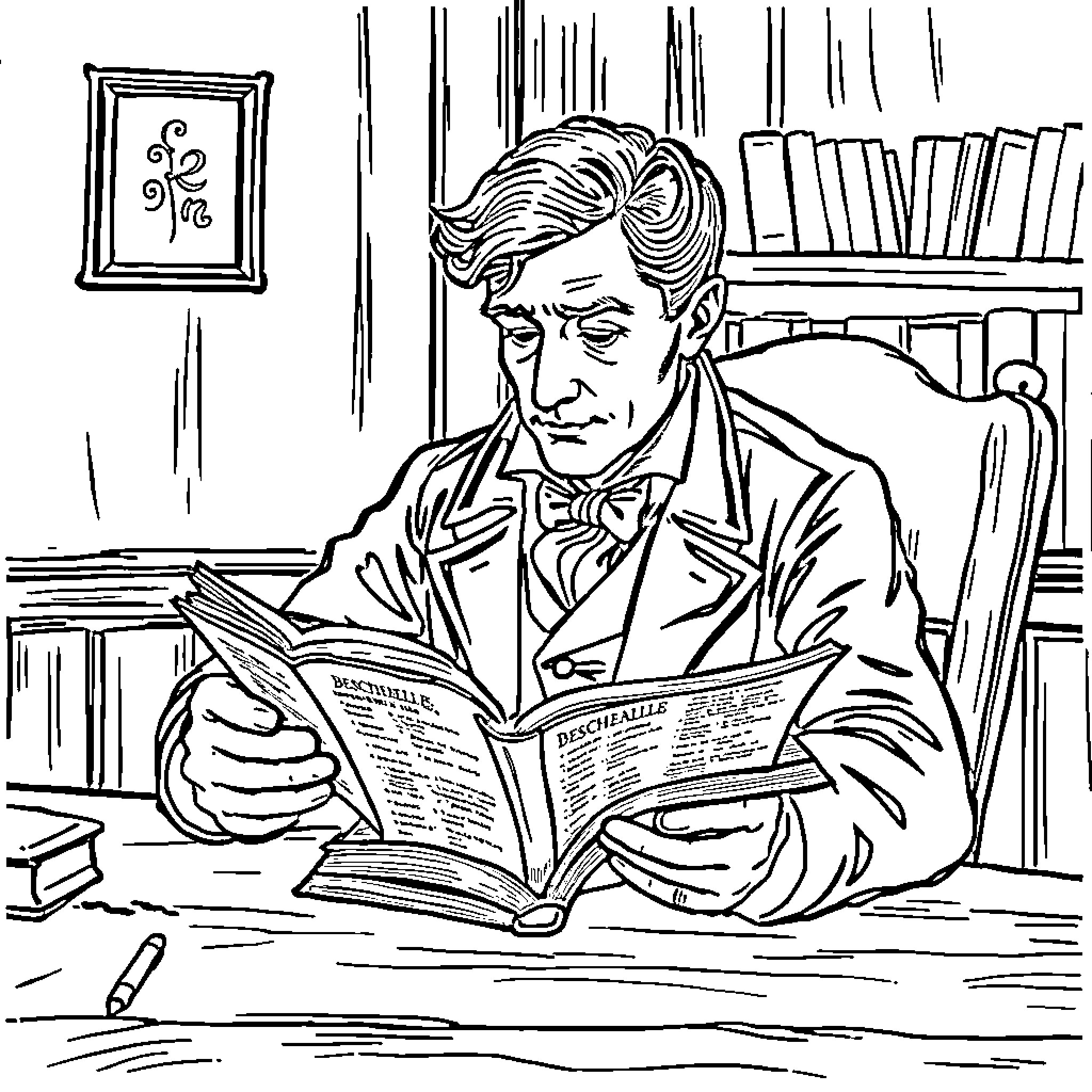 Louis Nicolas Bescherelle Studying Intently in His Library Coloring Page (free black-and-white line drawing printable PDF for all, from beginners to advanced learners, including children, teens, adults, and seniors)