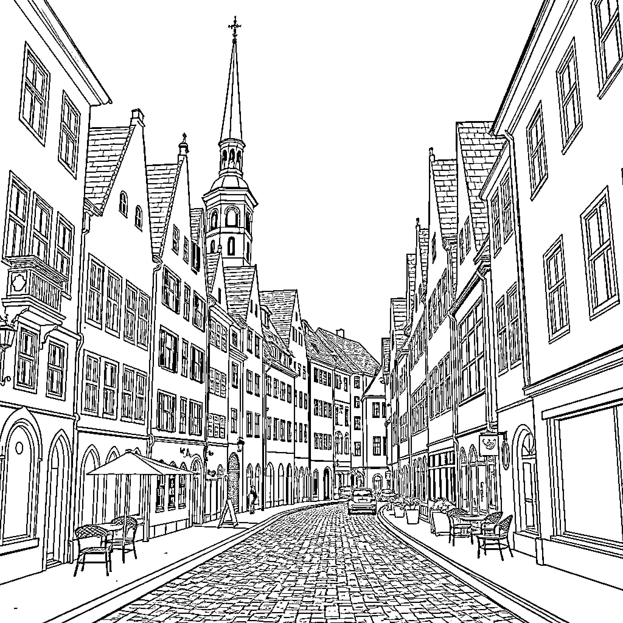 Tallinn's Charming Old Town Streetscape Coloring Page (free black-and-white line drawing printable PDF for all, from beginners to advanced learners, including children, teens, adults, and seniors)