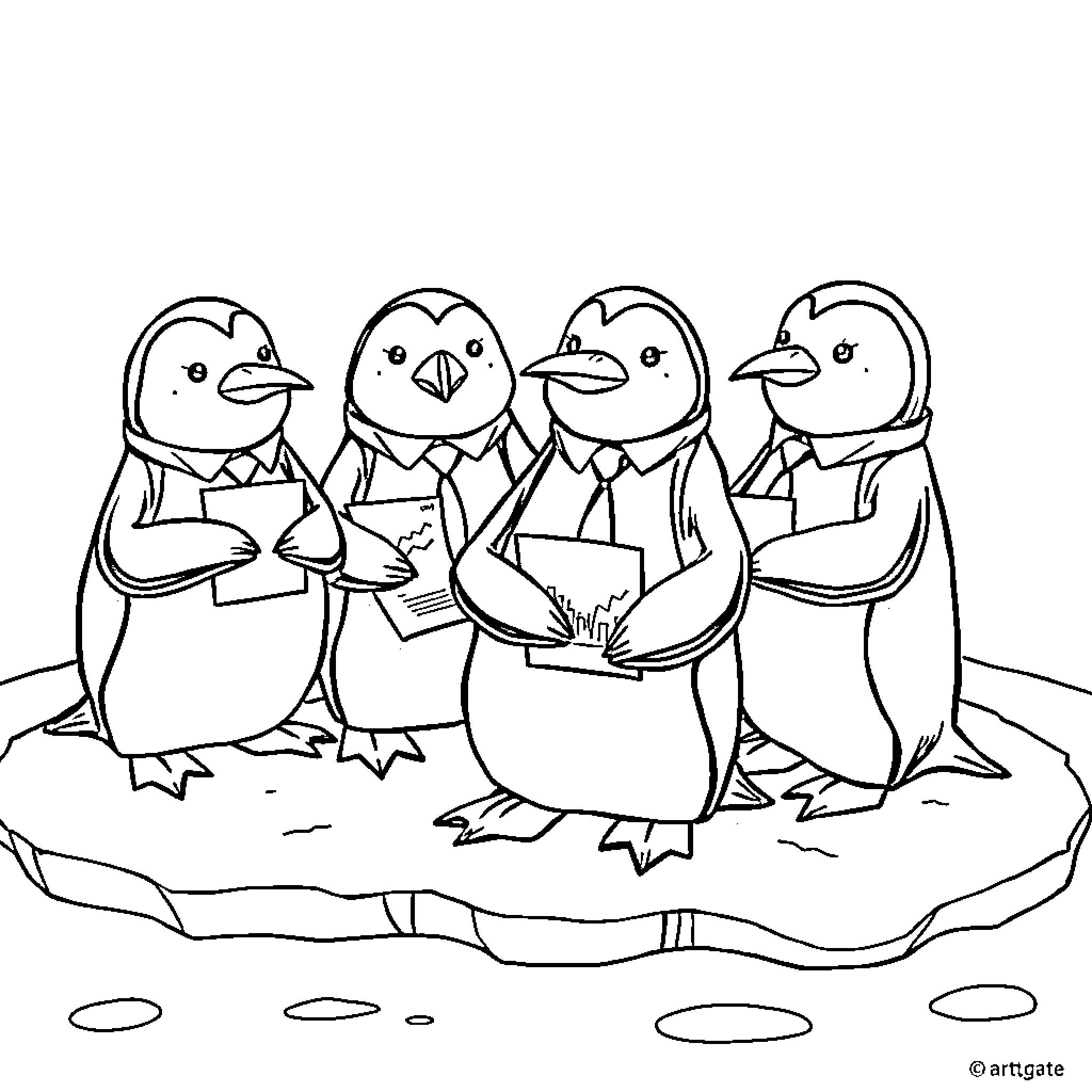 Penguin Colleagues Discussing Important Matters Coloring Page (free black-and-white line drawing printable PDF for all, from beginners to advanced learners, including children, teens, adults, and seniors)