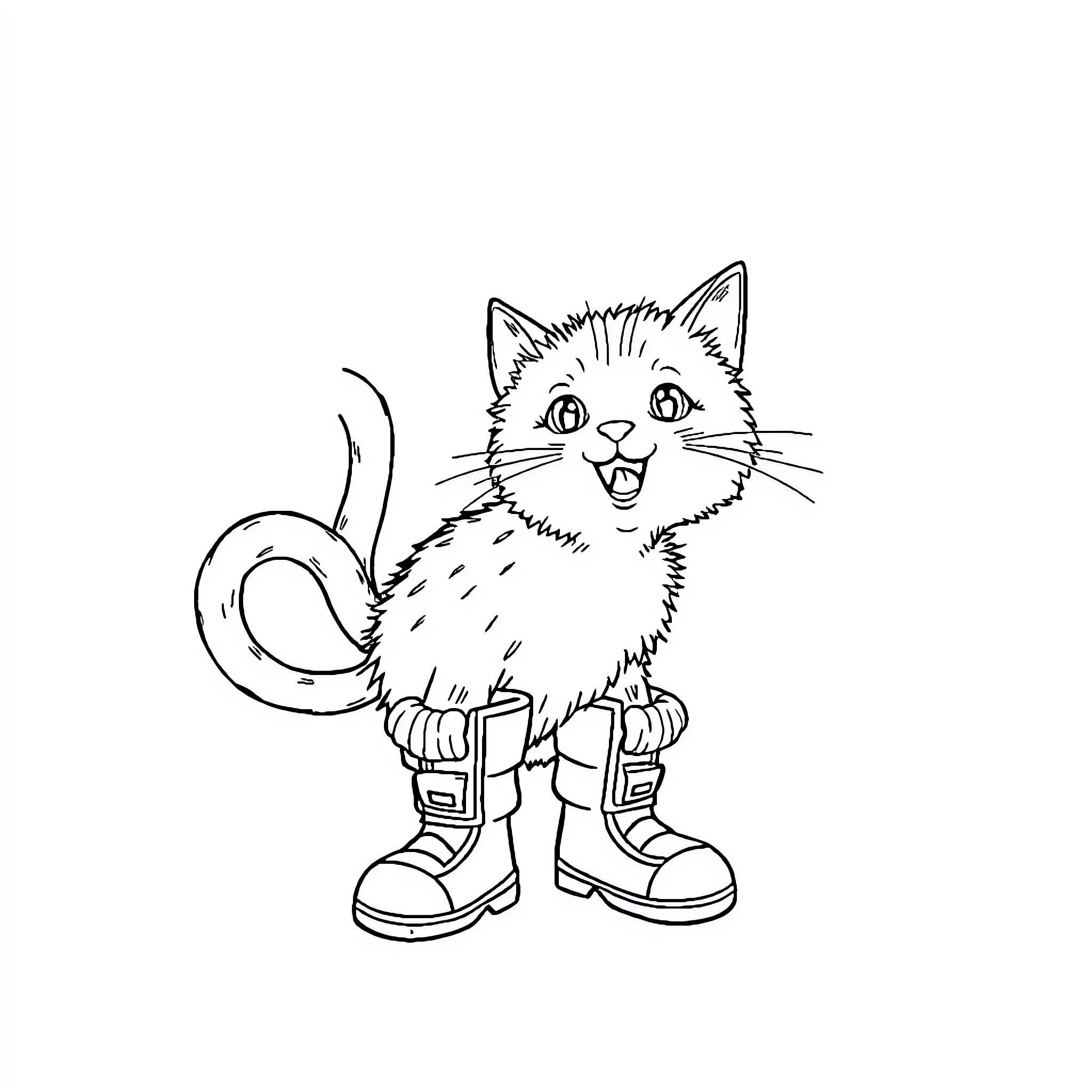 Puss wearing adorable boots and expressing glee Coloring Page (free black-and-white line drawing printable PDF for all, from beginners to advanced learners, including children, teens, adults, and seniors)