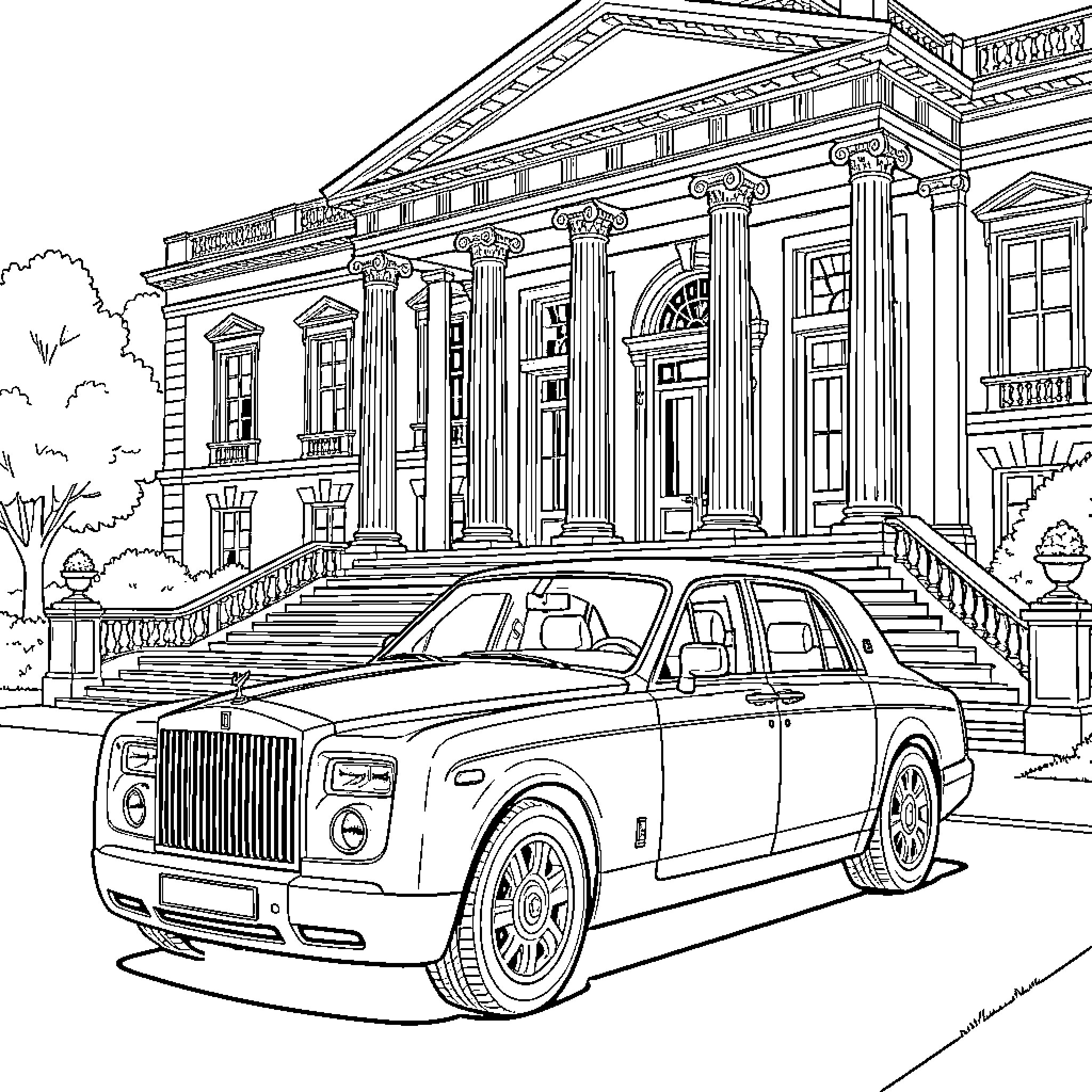 Rolls Royce parked in front of a grand mansion Coloring Page (free black-and-white line drawing printable PDF for all, from beginners to advanced learners, including children, teens, adults, and seniors)