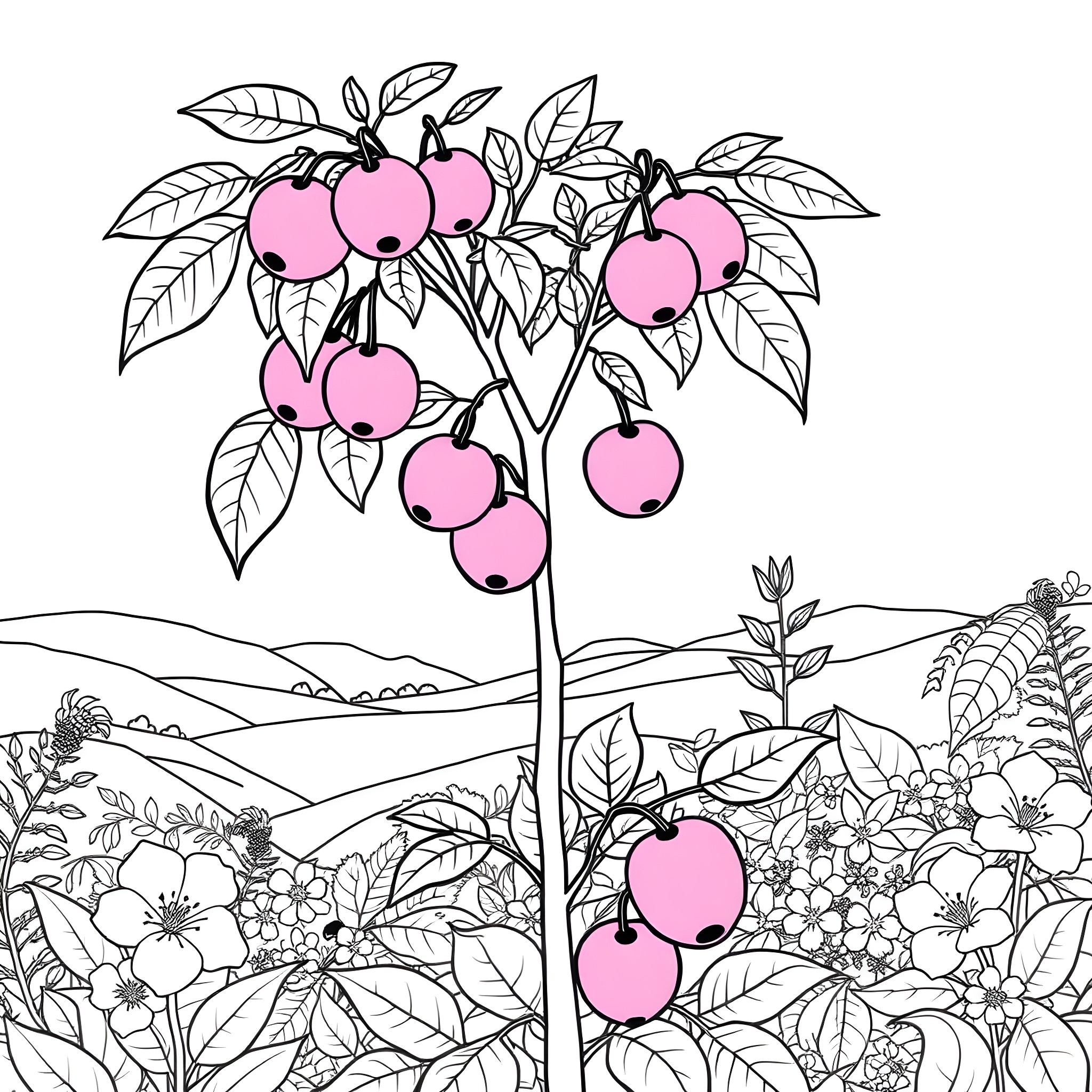Acerola plant with vibrant fruit in the wild Coloring Page (free black-and-white line drawing printable PDF for all, from beginners to advanced learners, including children, teens, adults, and seniors)