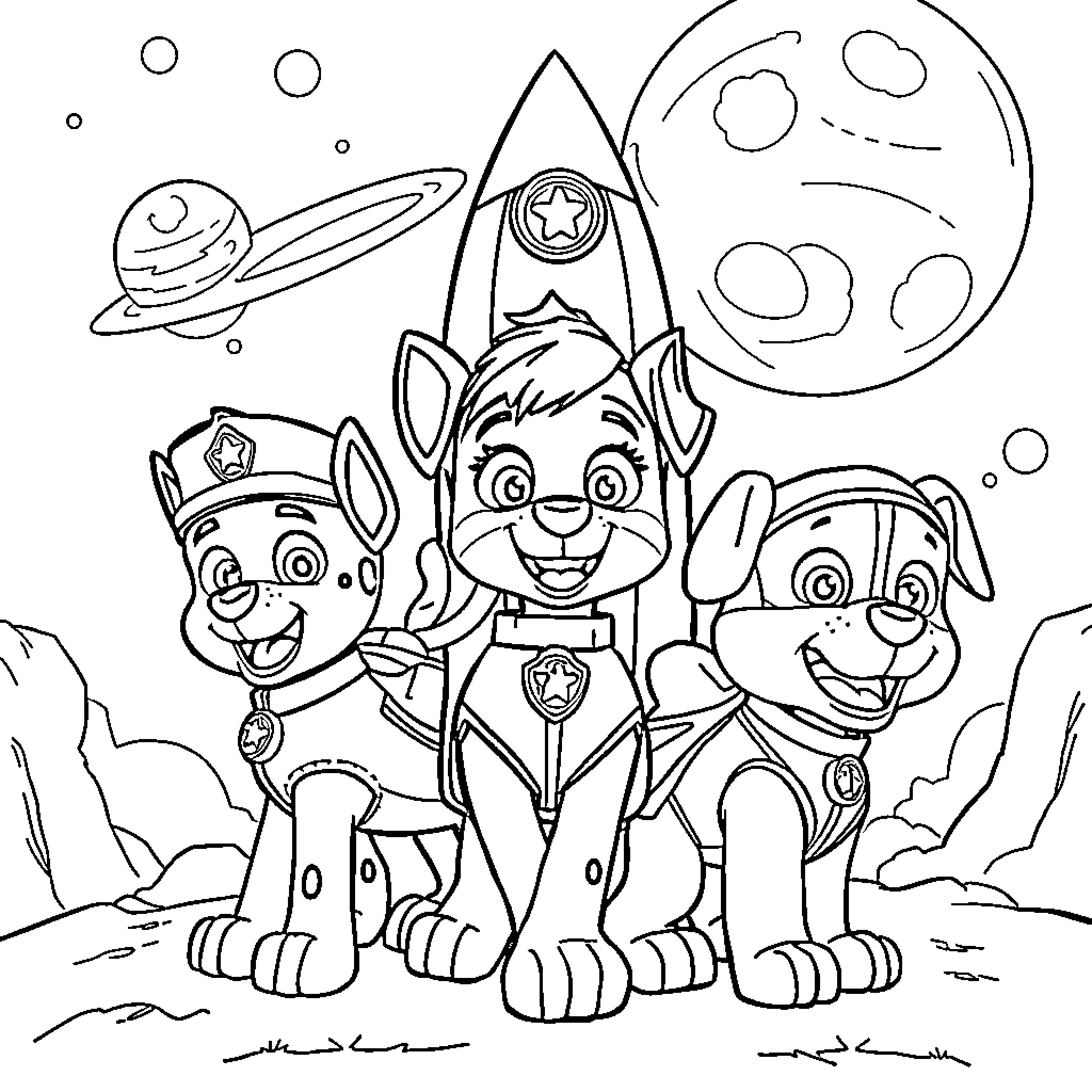 Paw Patrol pups exploring outer space near a rocket Coloring Page (free black-and-white line drawing printable PDF for all, from beginners to advanced learners, including children, teens, adults, and seniors)