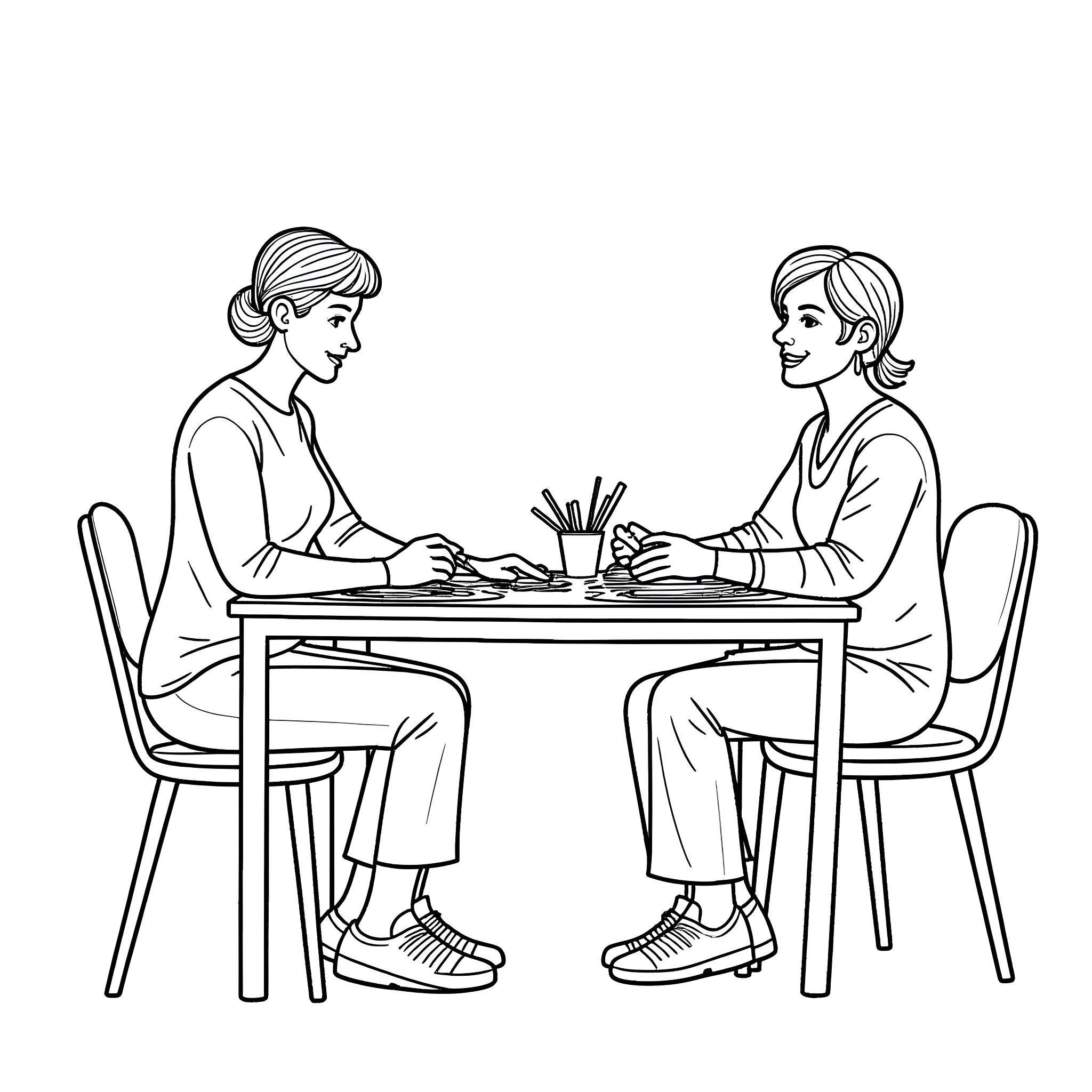 Therapist discussing with patient at the table Coloring Page (free black-and-white line drawing printable PDF for all, from beginners to advanced learners, including children, teens, adults, and seniors)