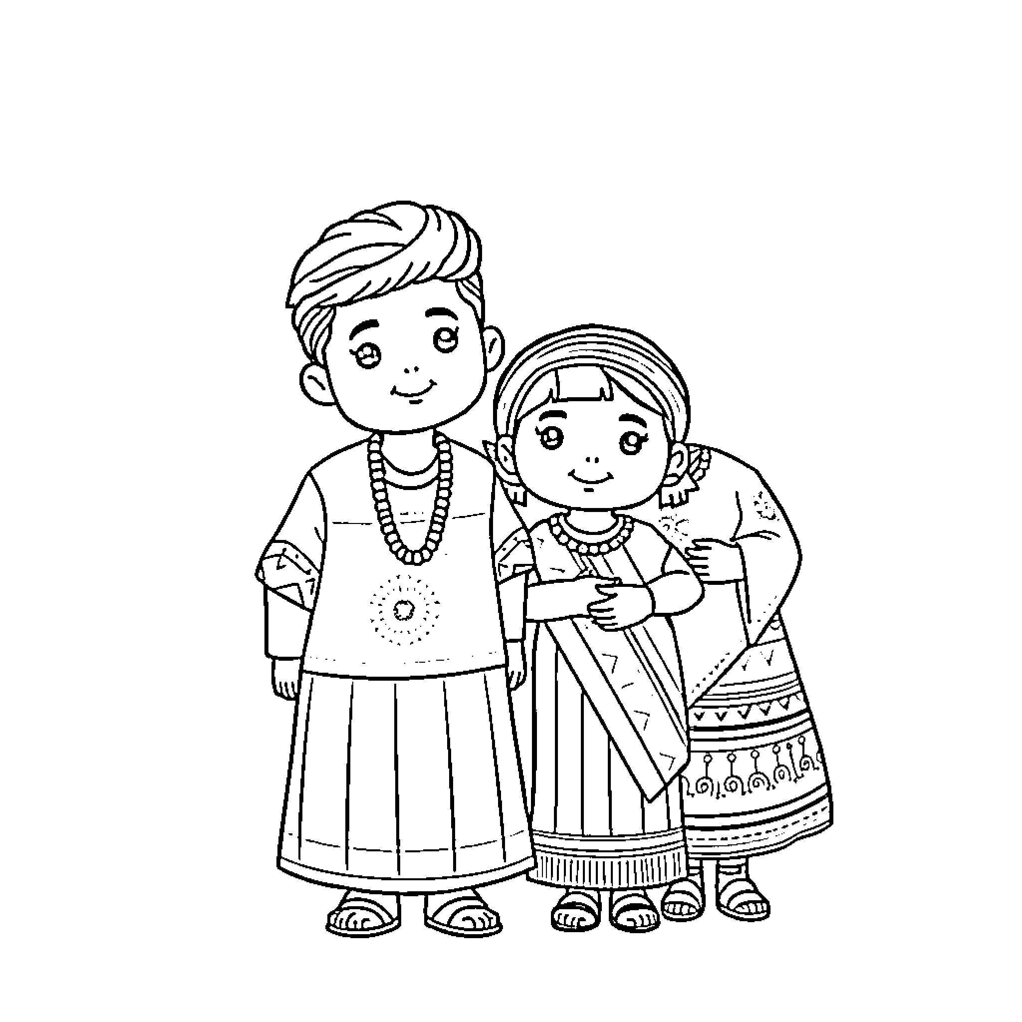 BT21 characters in traditional cultural outfits Coloring Page (free black-and-white line drawing printable PDF for all, from beginners to advanced learners, including children, teens, adults, and seniors)