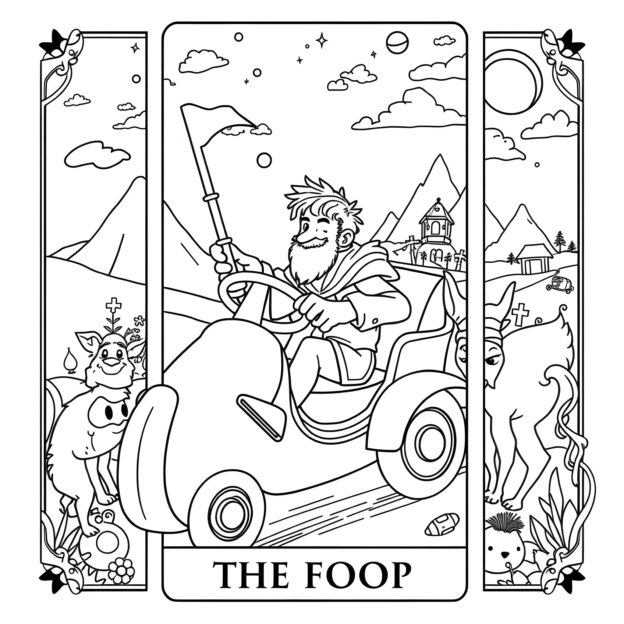 Fool's Cheerful Ride Through Whimsical Landscape Coloring Page (free black-and-white line drawing printable PDF for all, from beginners to advanced learners, including children, teens, adults, and seniors)