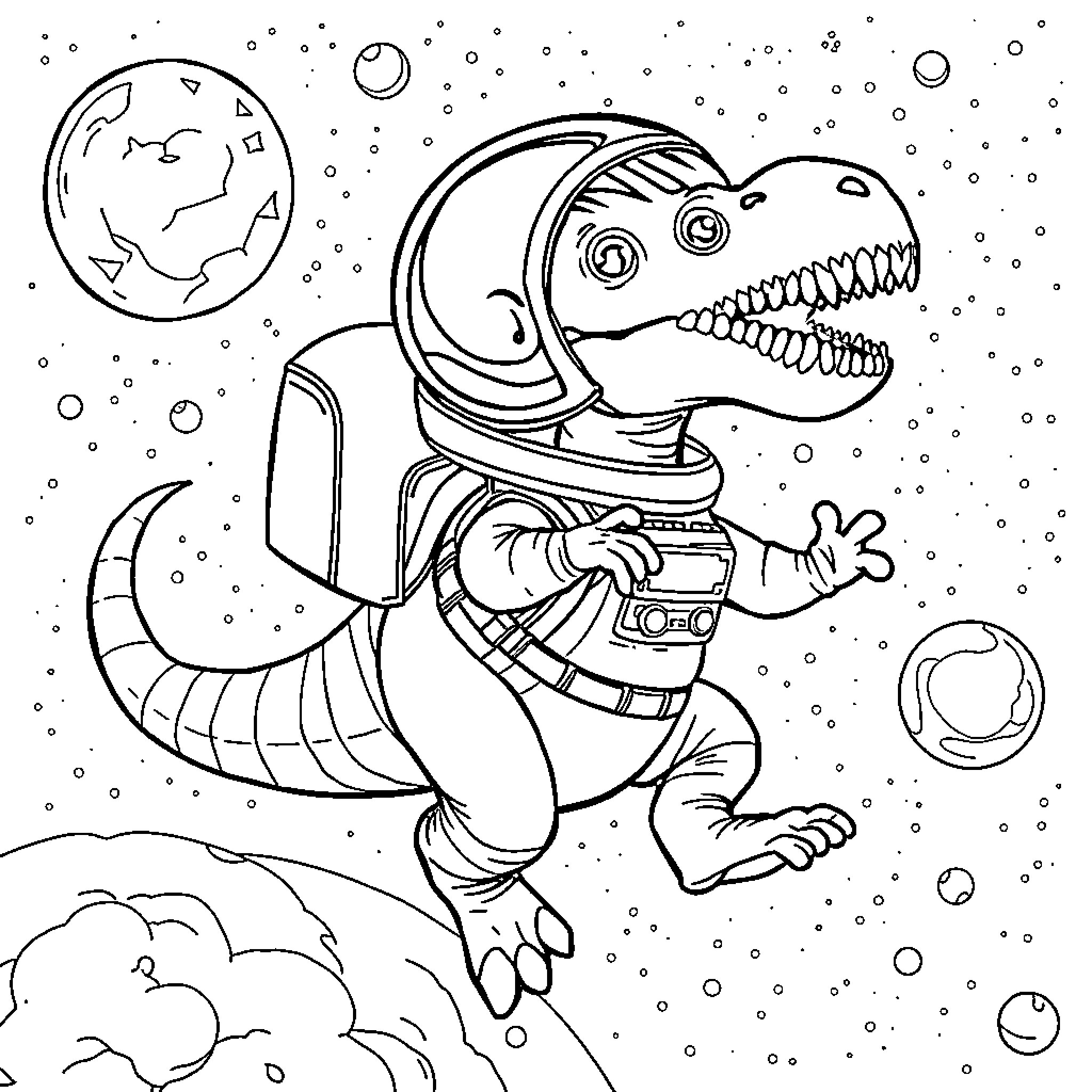 Dinosaur Astronaut Exploring the Cosmos Coloring Page (free black-and-white line drawing printable PDF for all, from beginners to advanced learners, including children, teens, adults, and seniors)