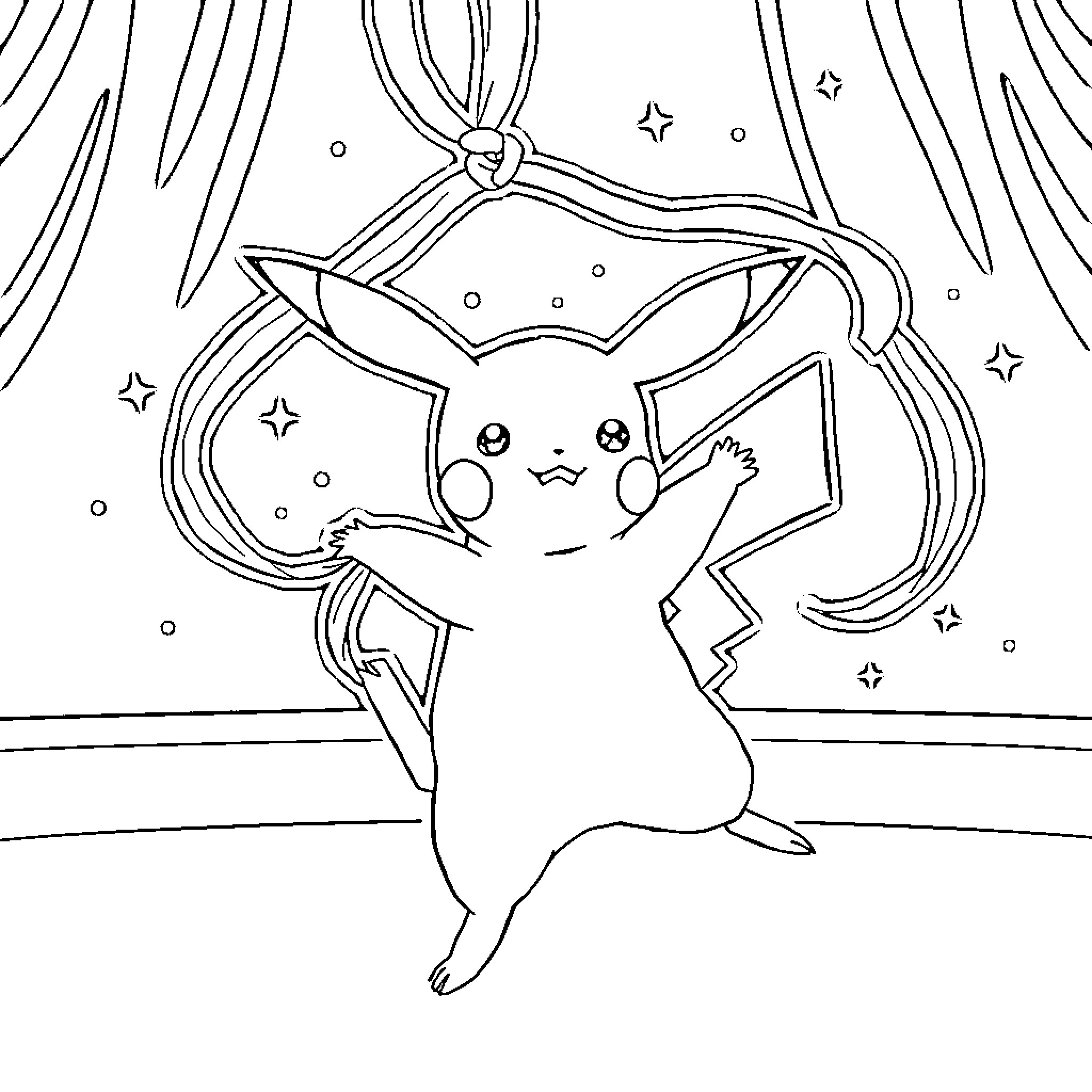 Pikachu dancing under the starry night Coloring Page (free black-and-white line drawing printable PDF for all, from beginners to advanced learners, including children, teens, adults, and seniors)