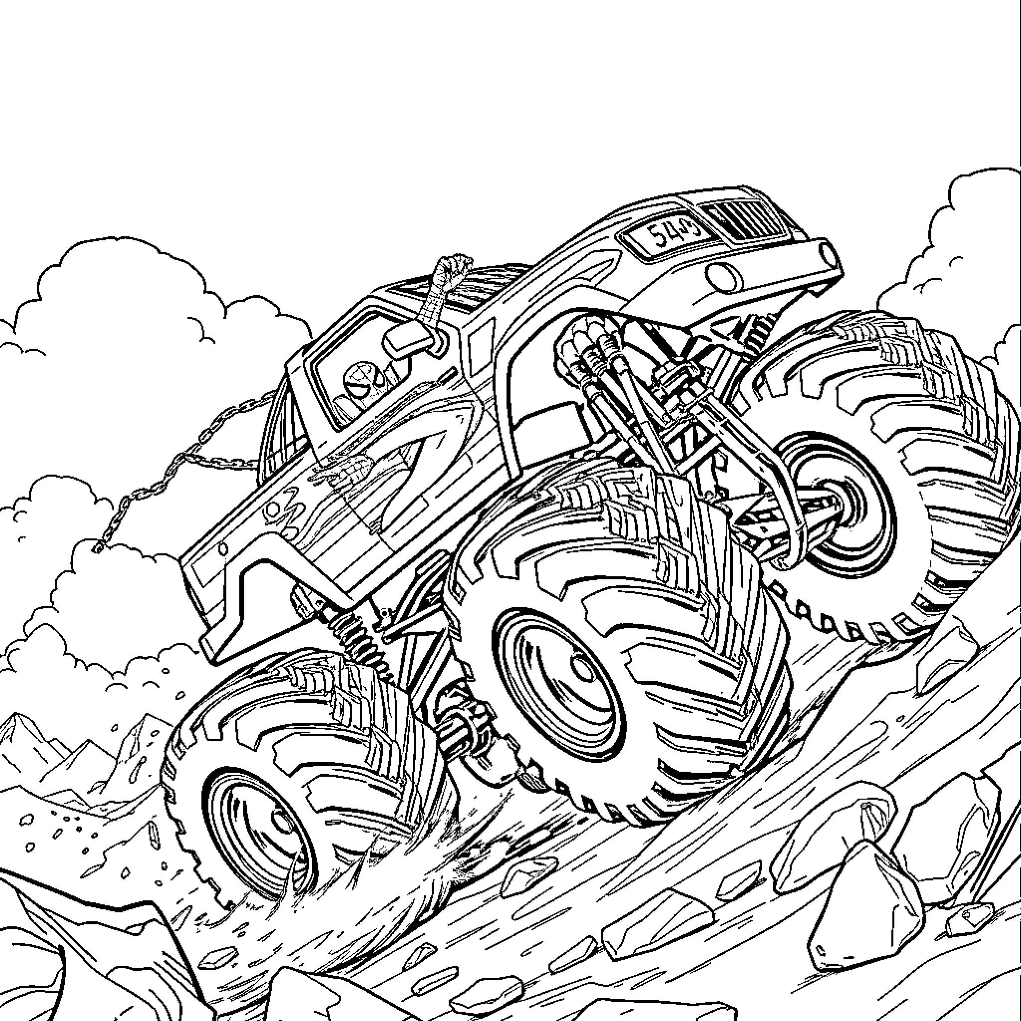 Spider-Man battles fierce monster truck in epic showdown Coloring Page (free black-and-white line drawing printable PDF for all, from beginners to advanced learners, including children, teens, adults, and seniors)