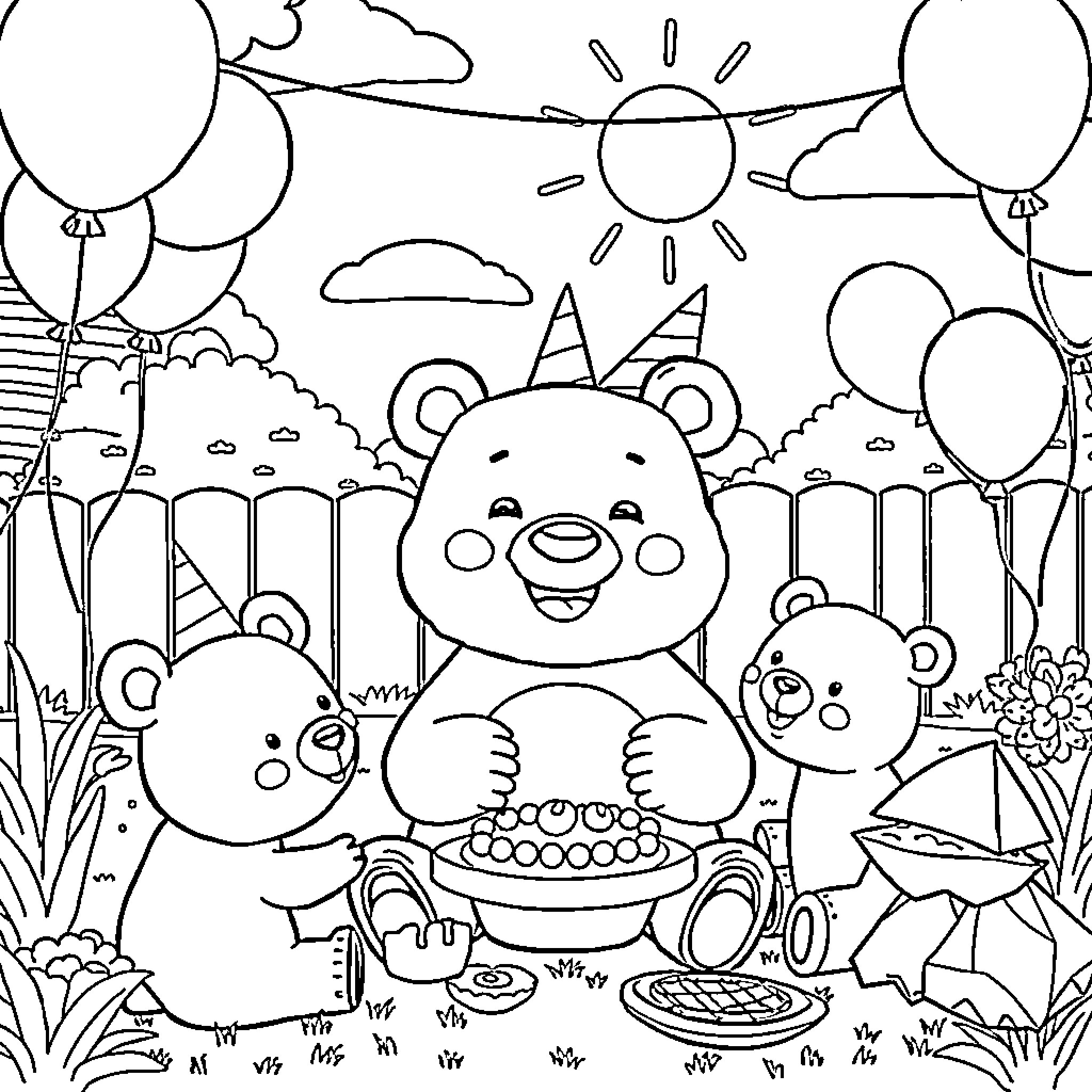 Bear celebrating birthday with balloons in nature Coloring Page (free black-and-white line drawing printable PDF for all, from beginners to advanced learners, including children, teens, adults, and seniors)