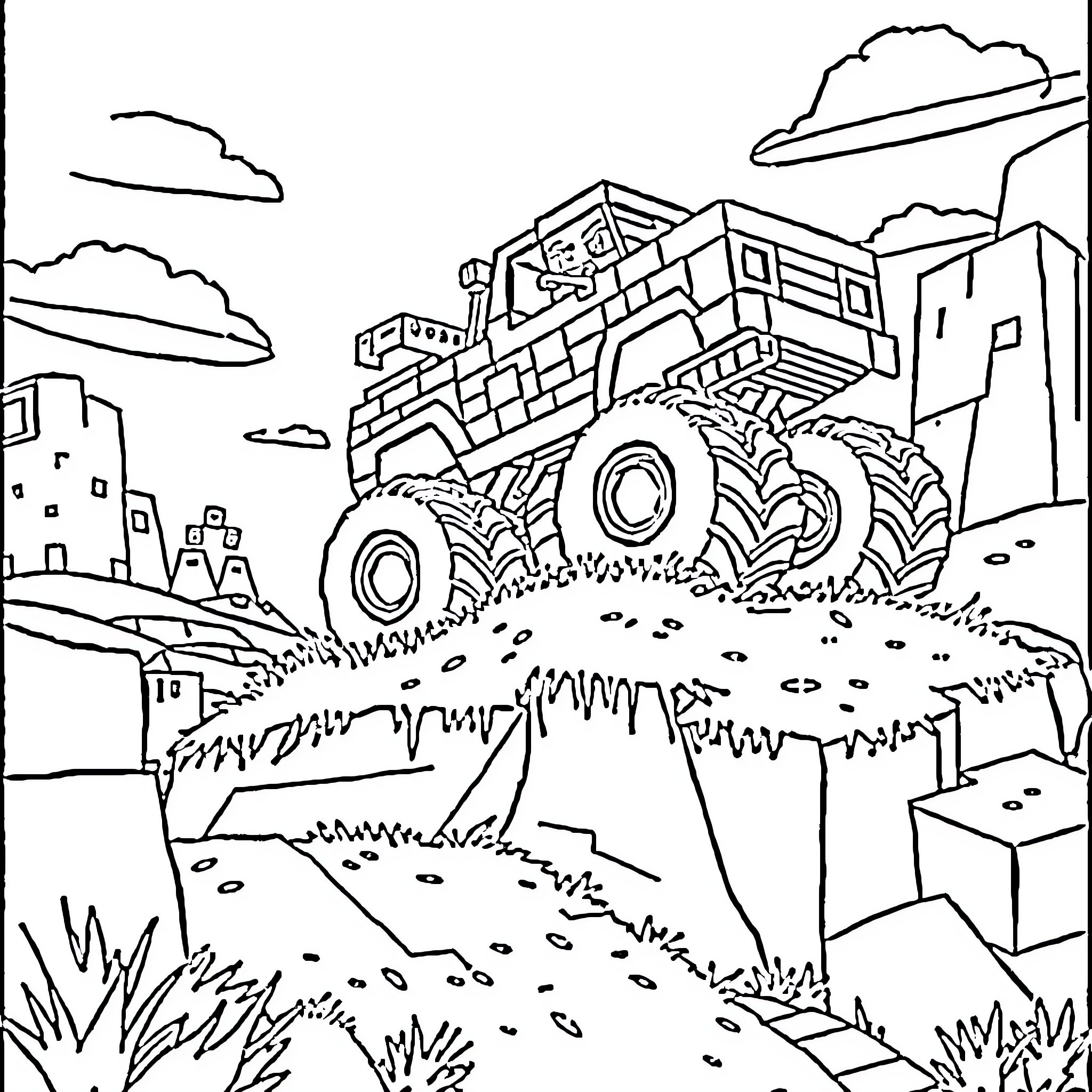 Minecraft monster truck in a rugged landscape Coloring Page (free black-and-white line drawing printable PDF for all, from beginners to advanced learners, including children, teens, adults, and seniors)