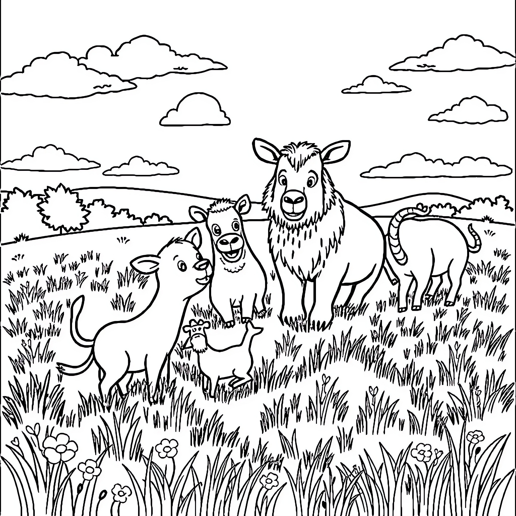Animal family grazing in the countryside Coloring Page (free black-and-white line drawing printable PDF for all, from beginners to advanced learners, including children, teens, adults, and seniors)